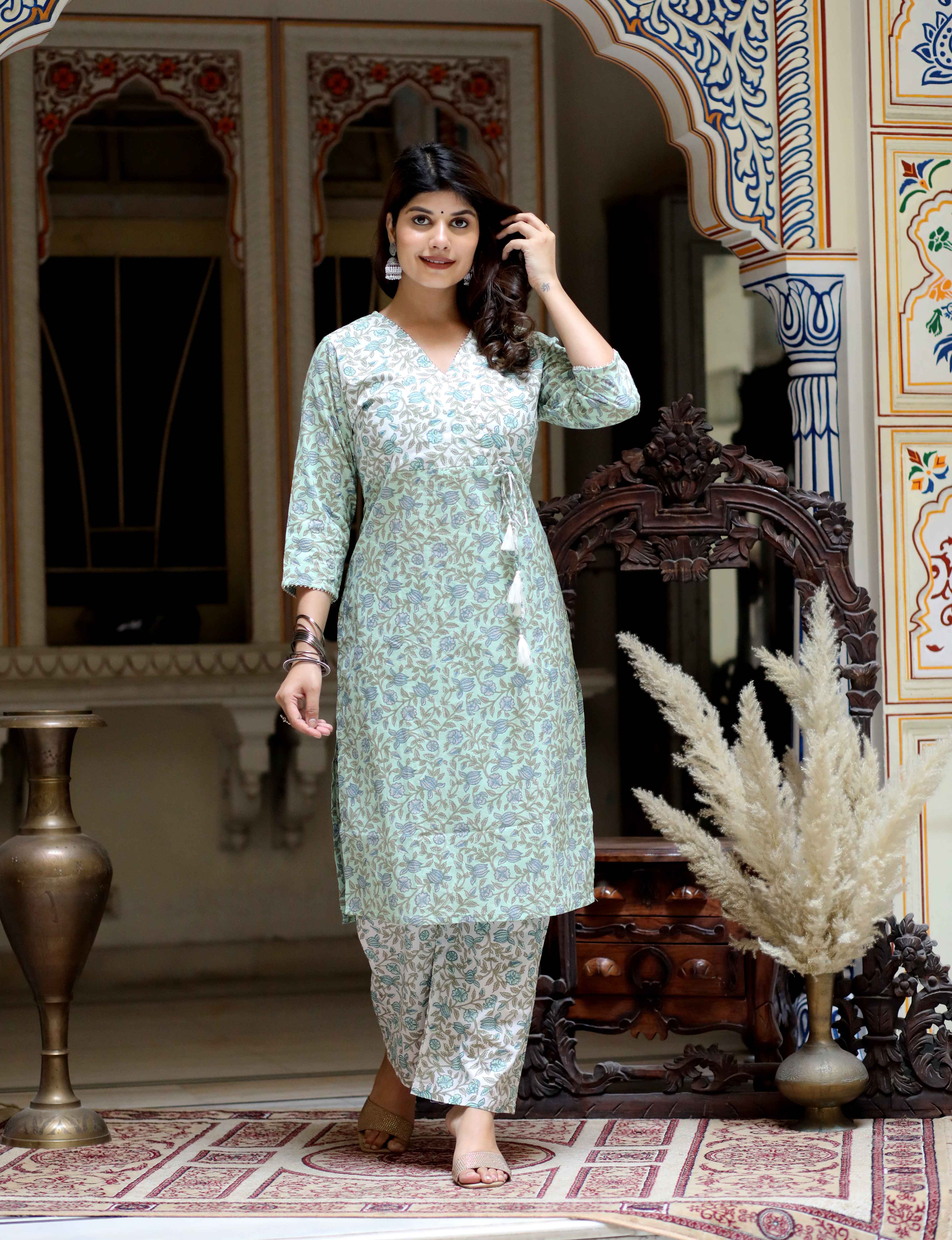 Green Hand Block Printed Cotton Angrakha Kurta with Palazzo Set