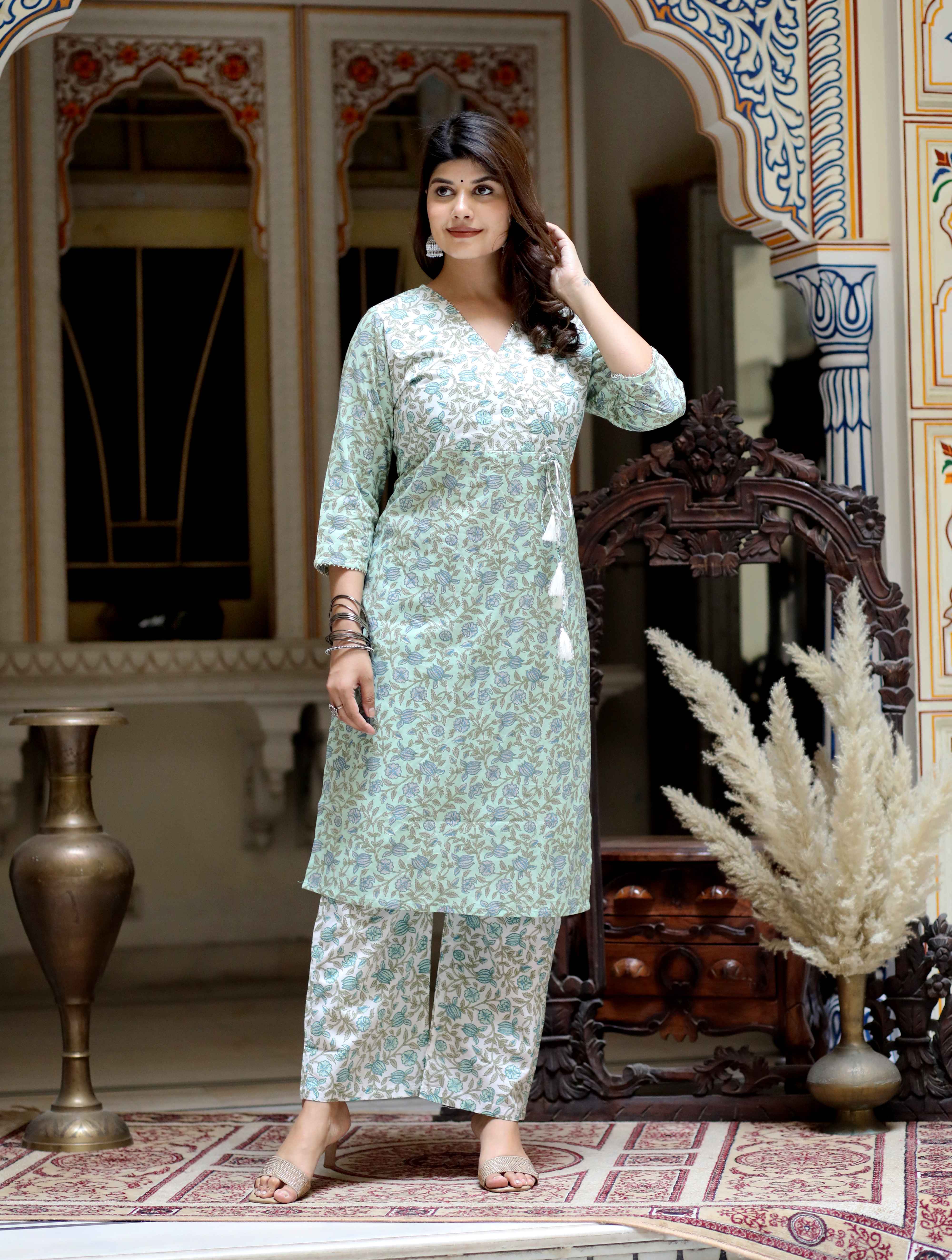 Green Hand Block Printed Cotton Angrakha Kurta with Palazzo Set