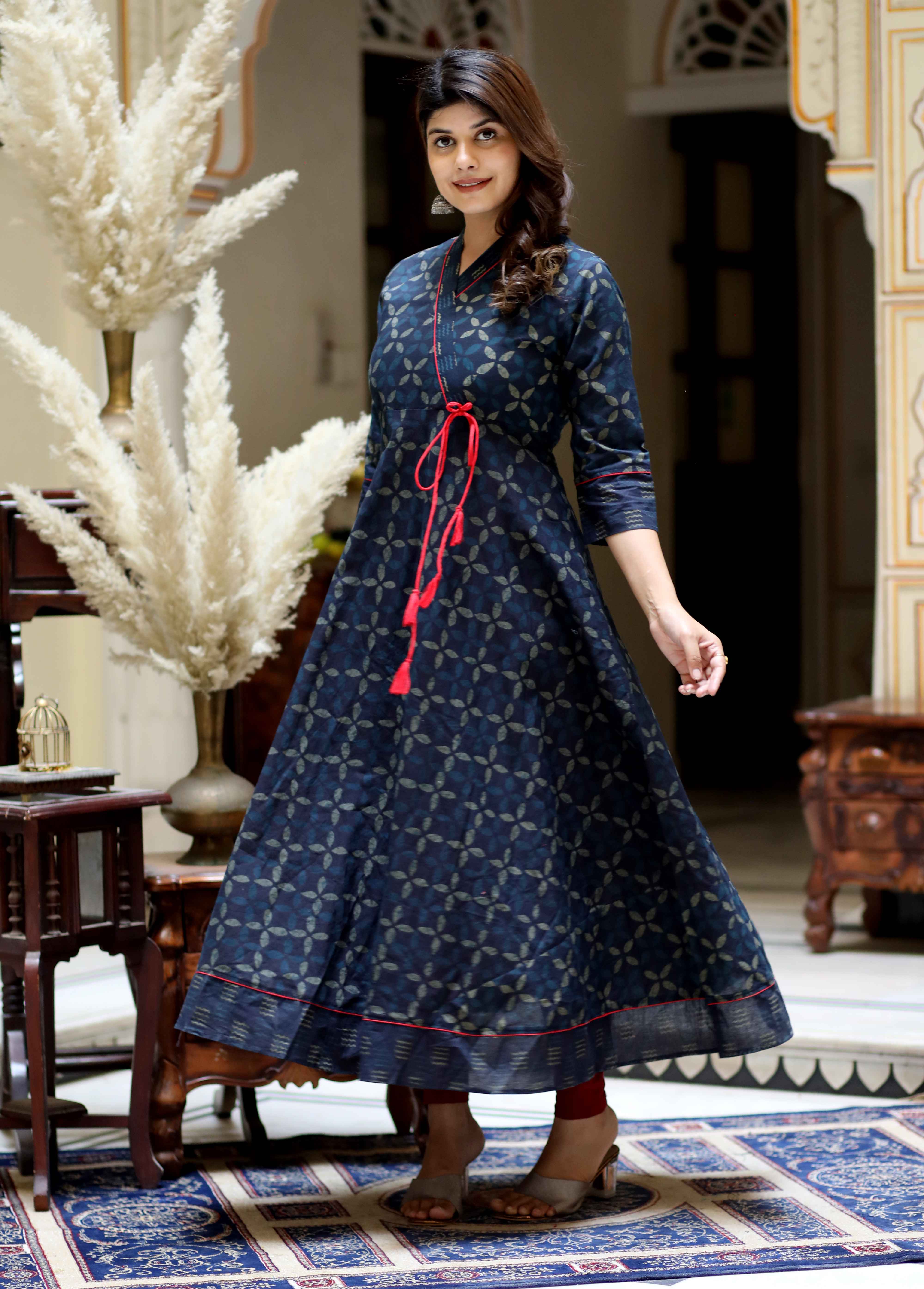 Blue Abstract Printed Cotton Angrakha Style Anarkali Kurta