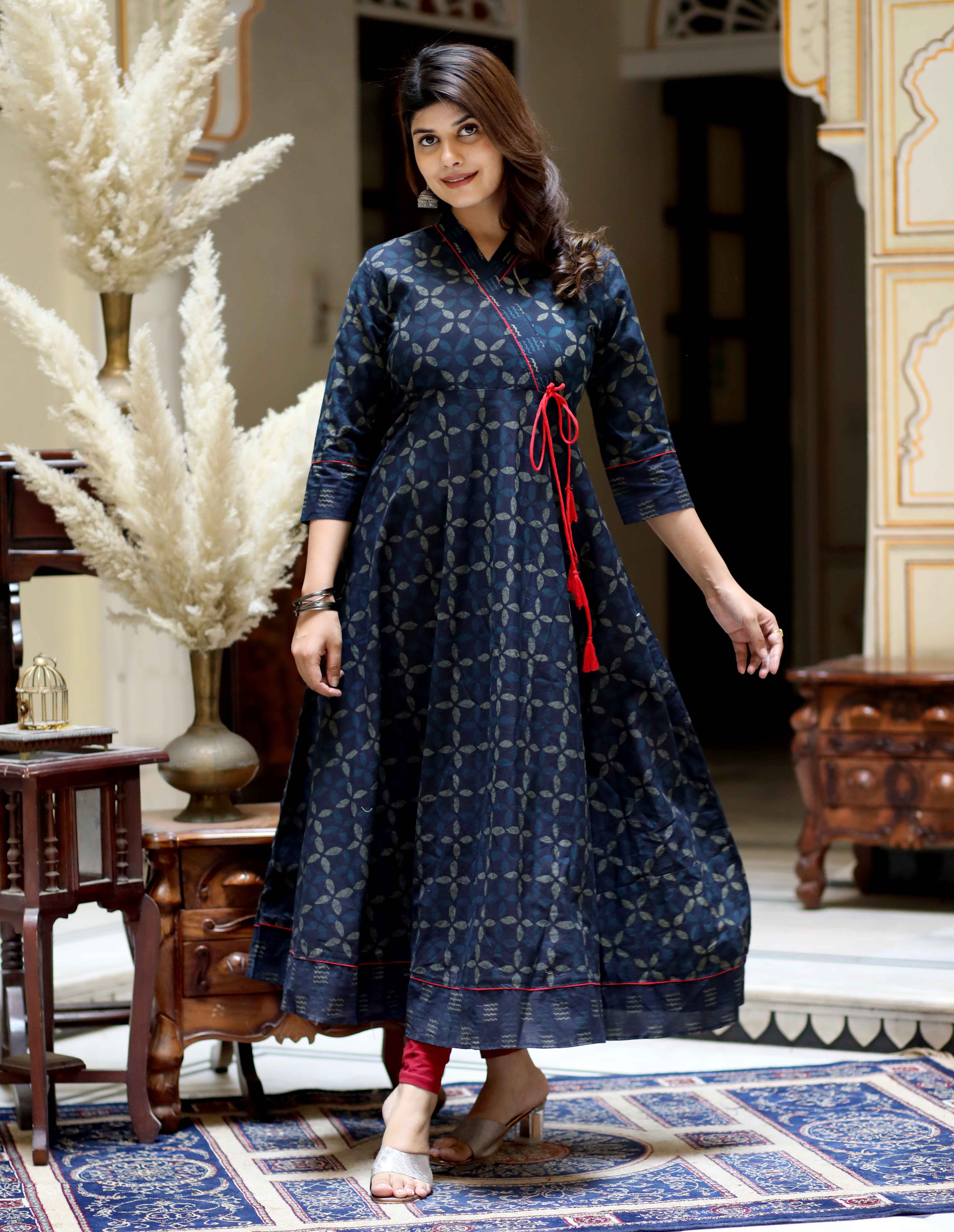 Blue Abstract Printed Cotton Angrakha Style Anarkali Kurta