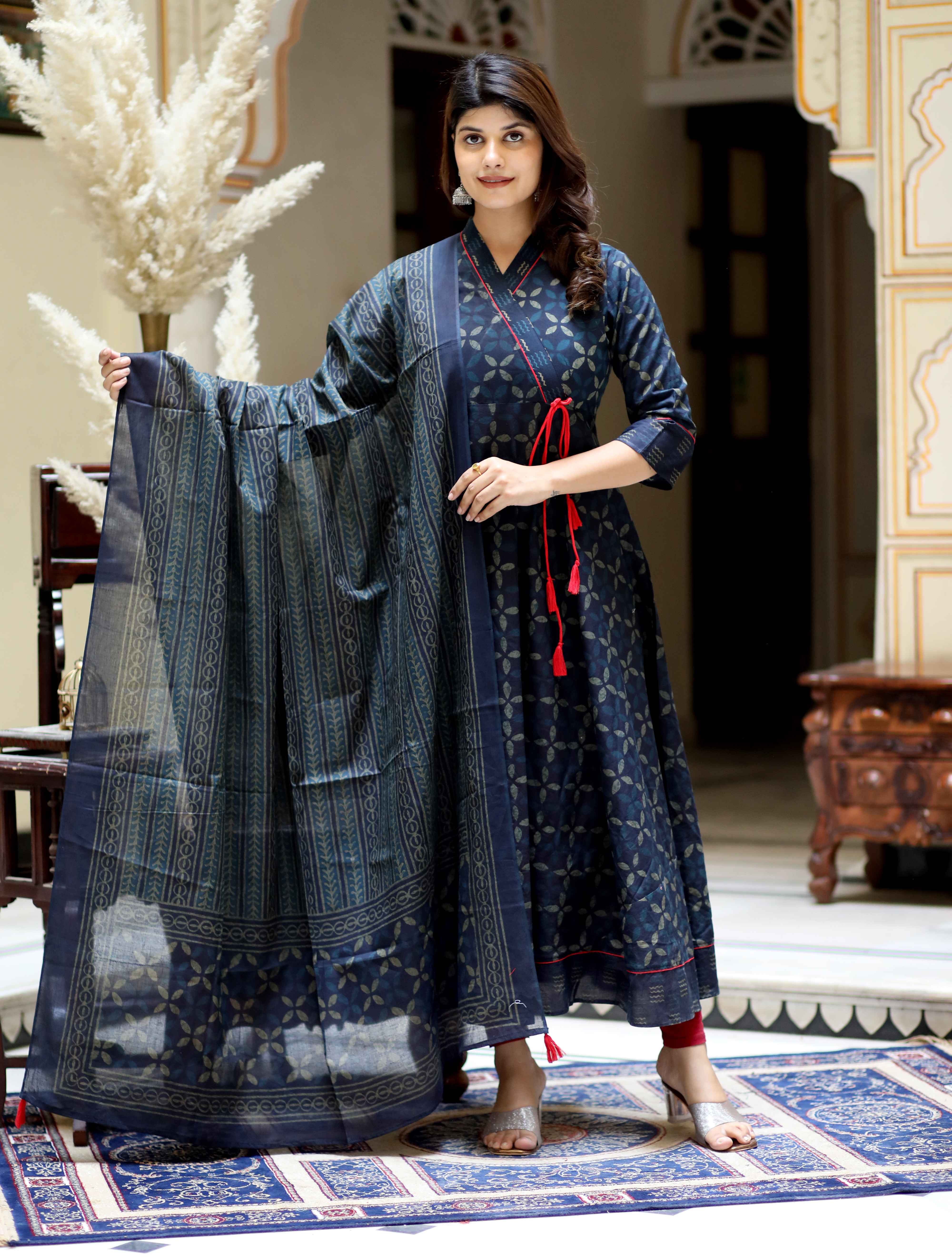 Blue Abstract Cotton Angrakha Kurta with Tassel Dupatta Set