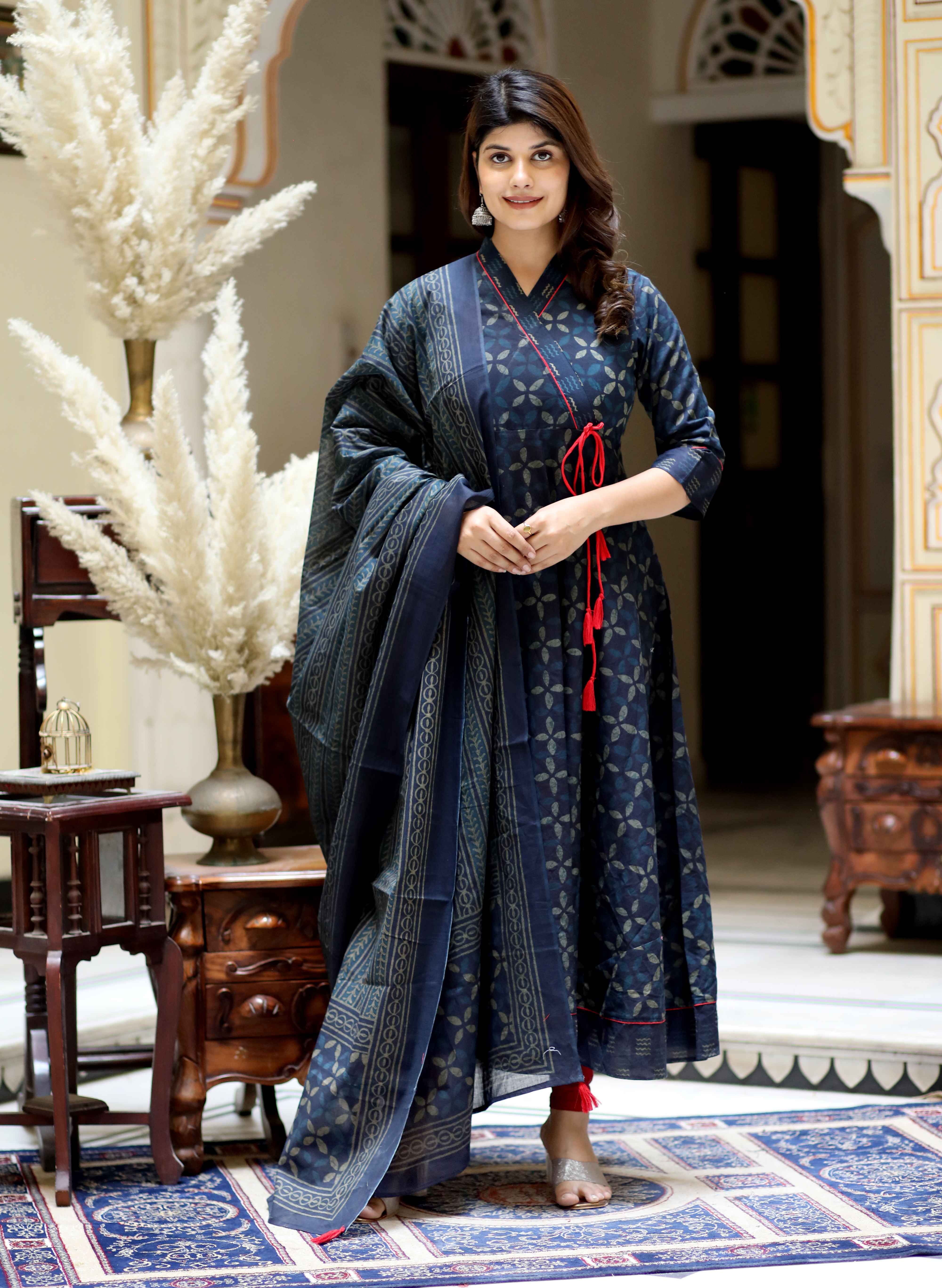 Blue Abstract Cotton Angrakha Kurta with Tassel Dupatta Set
