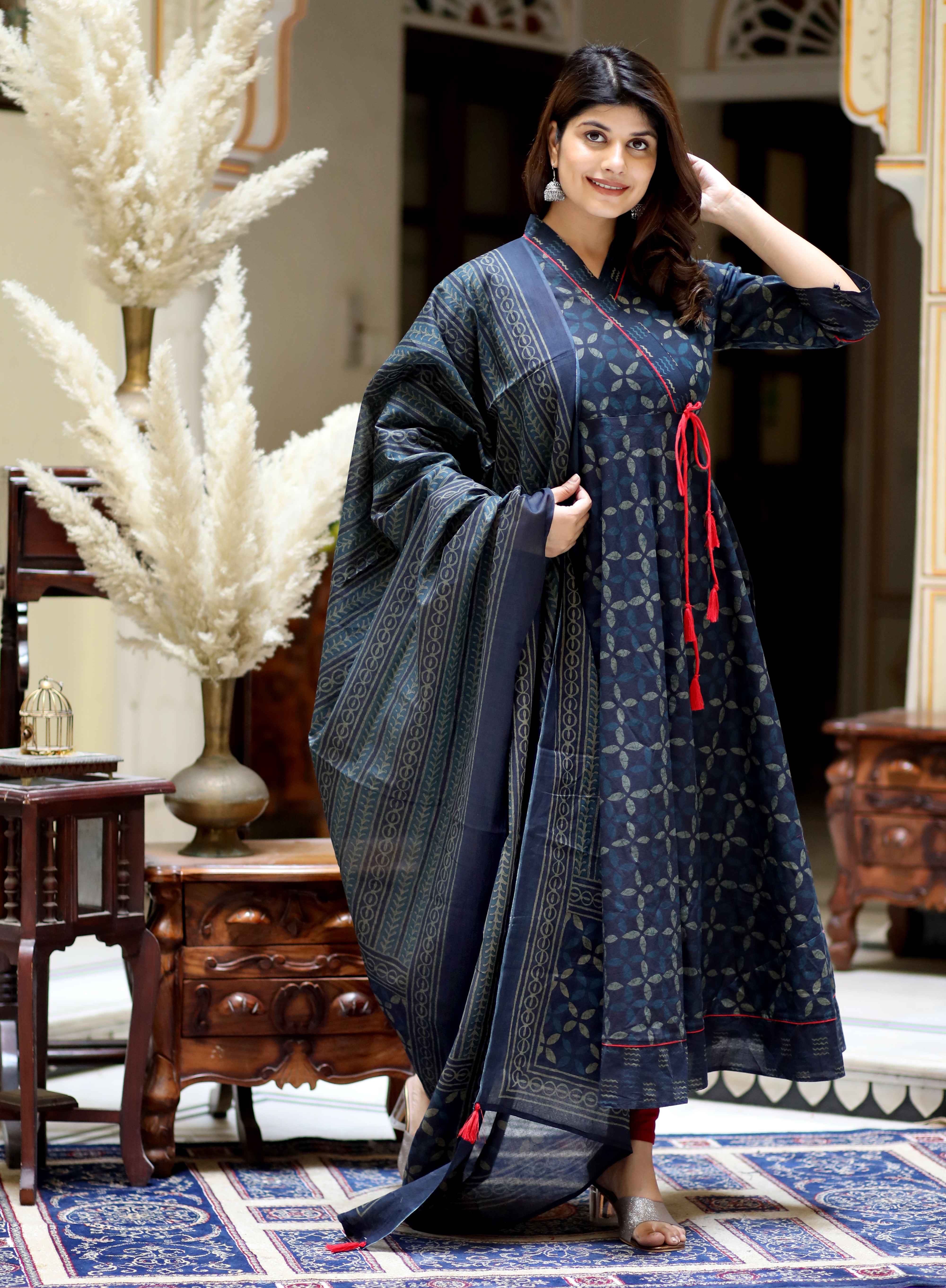 Blue Abstract Cotton Angrakha Kurta with Tassel Dupatta Set