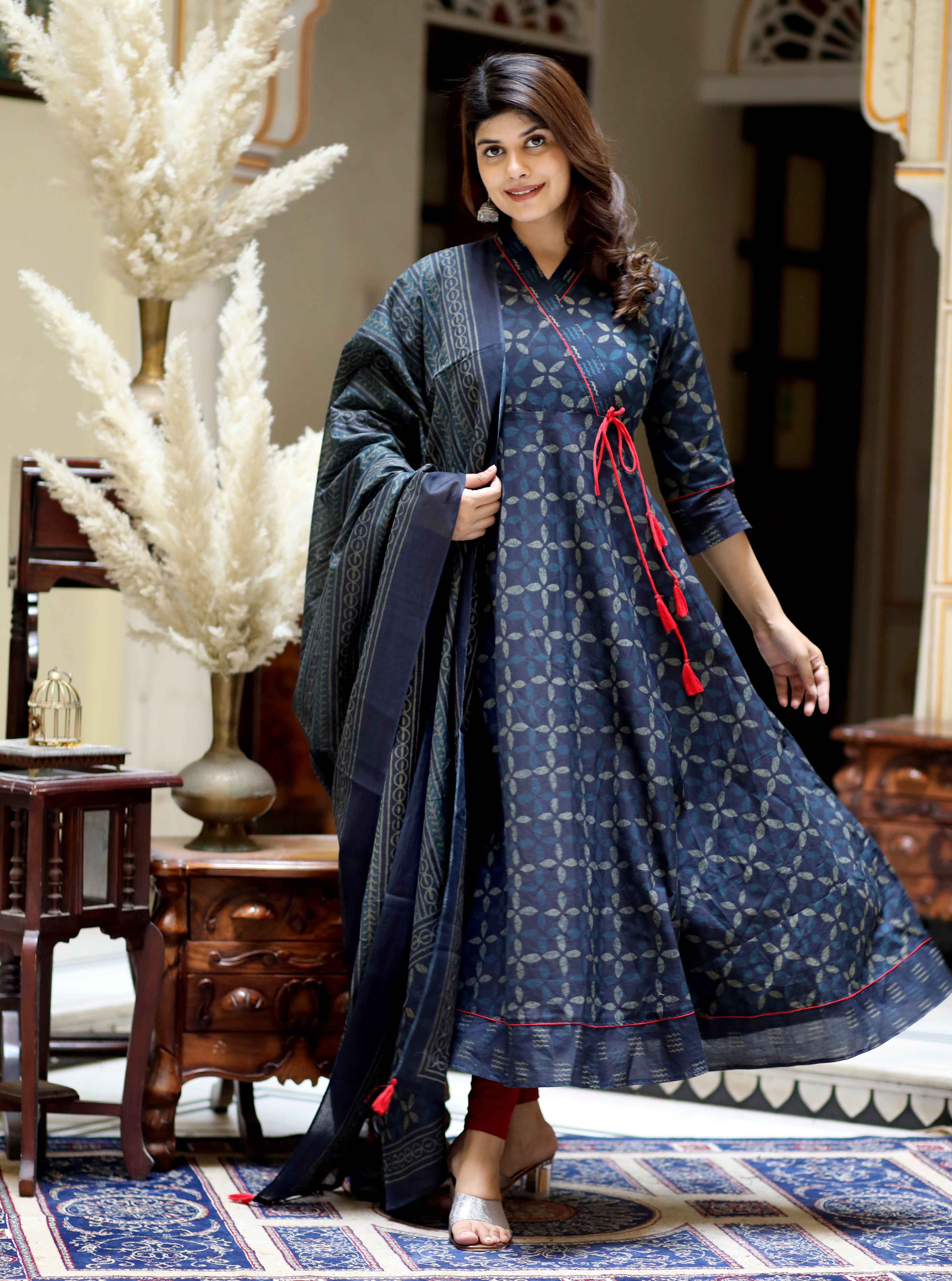 Blue Abstract Cotton Angrakha Kurta with Tassel Dupatta Set