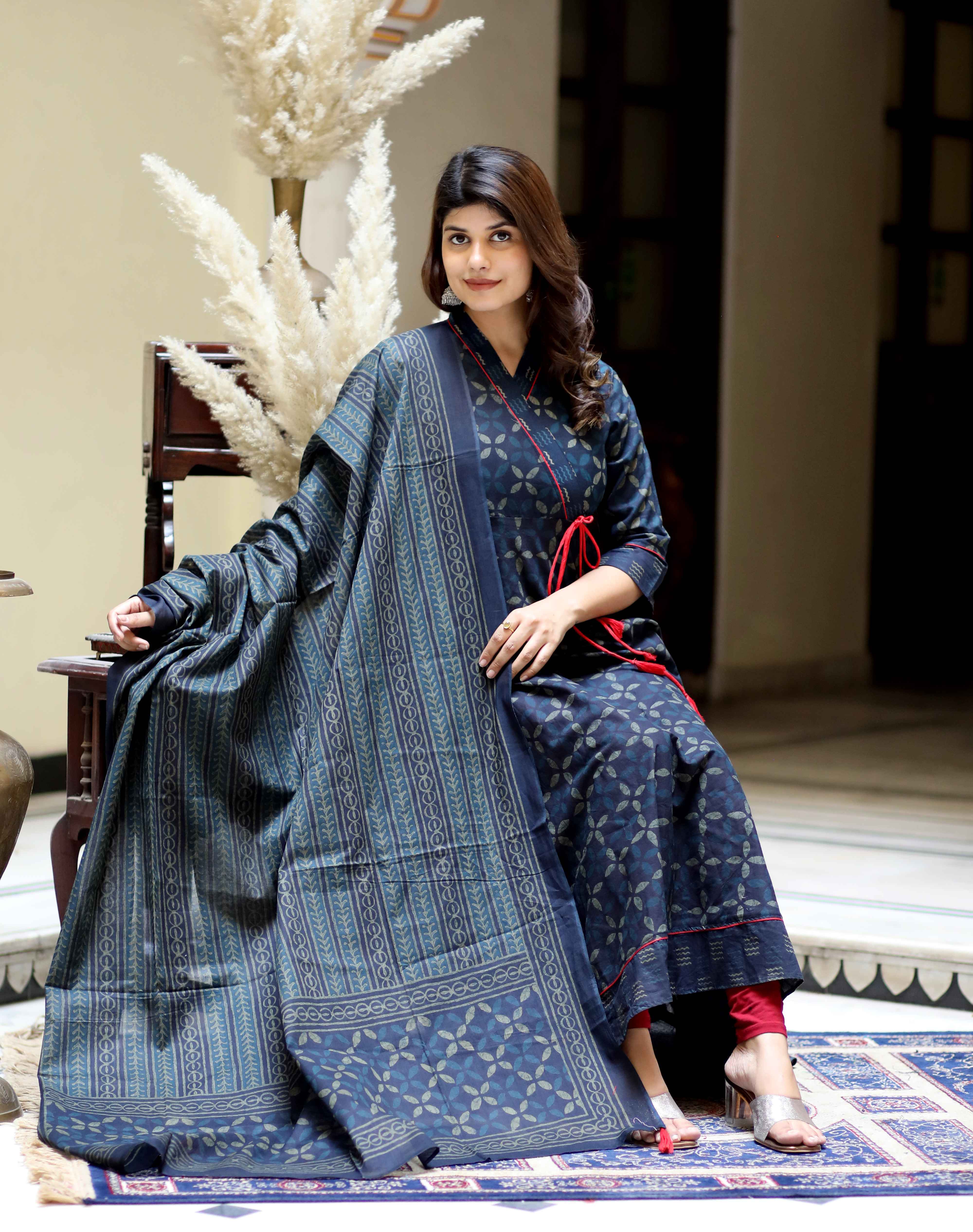 Blue Abstract Cotton Angrakha Kurta with Tassel Dupatta Set