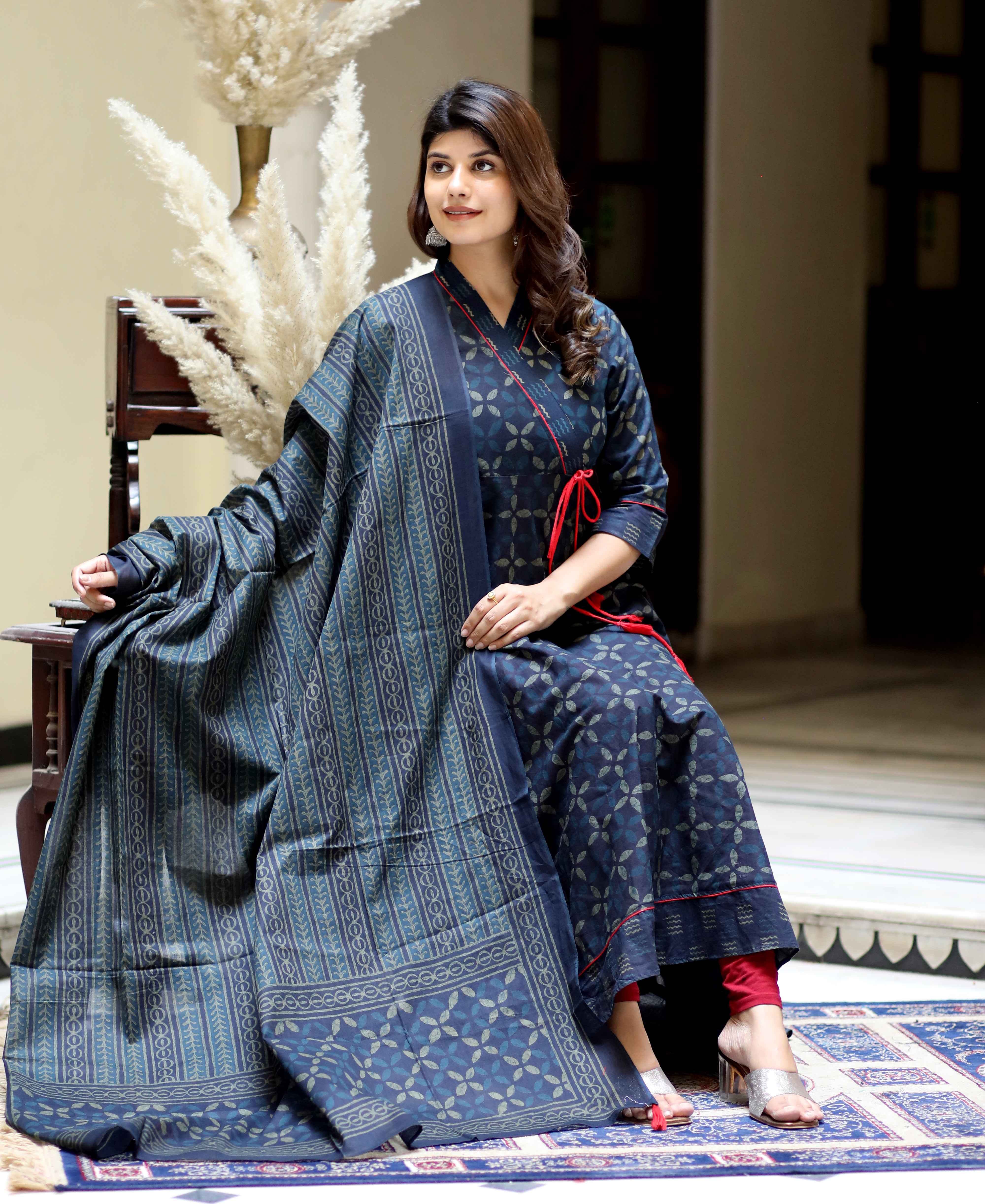 Blue Abstract Cotton Angrakha Kurta with Tassel Dupatta Set