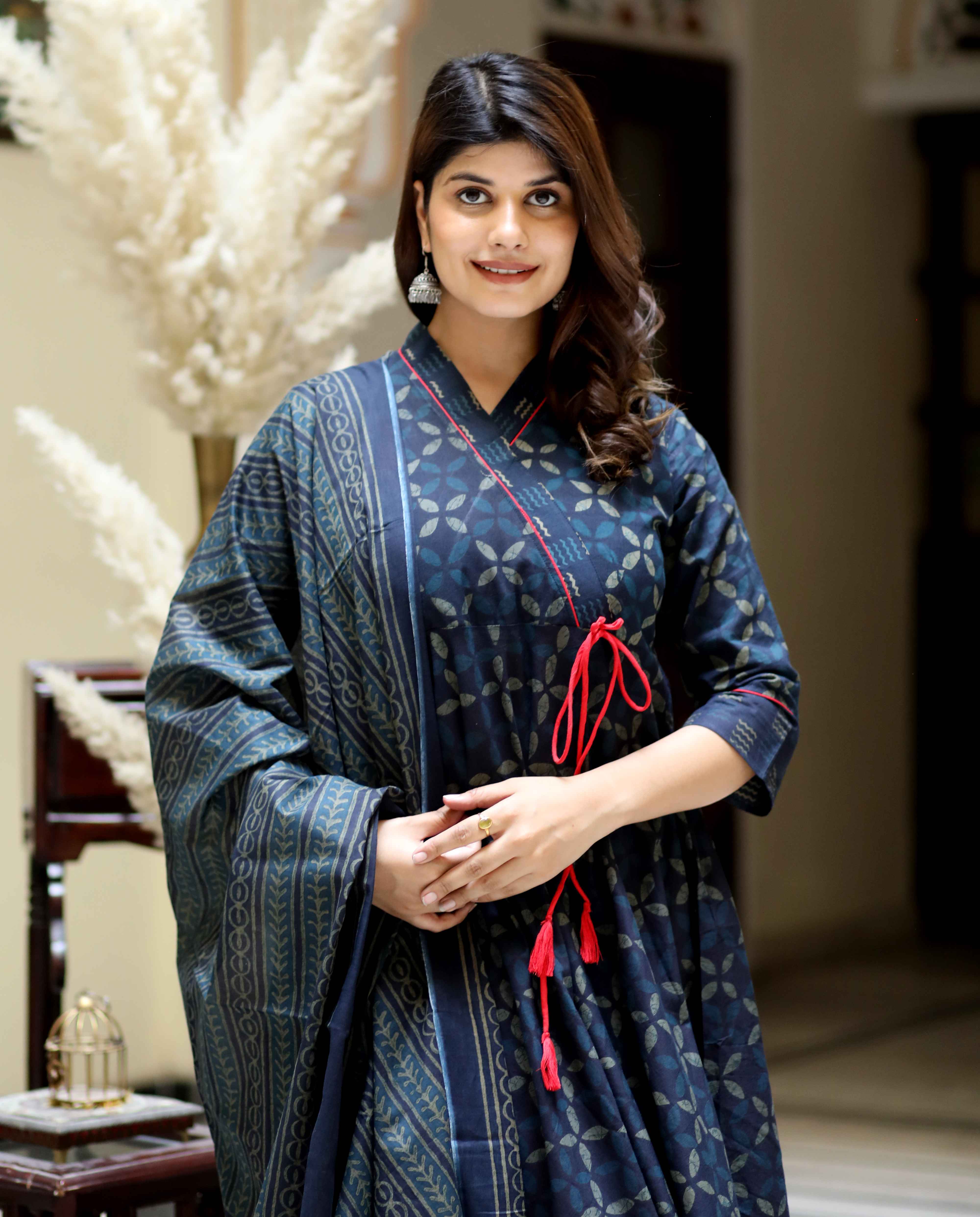 Blue Abstract Cotton Angrakha Kurta with Tassel Dupatta Set