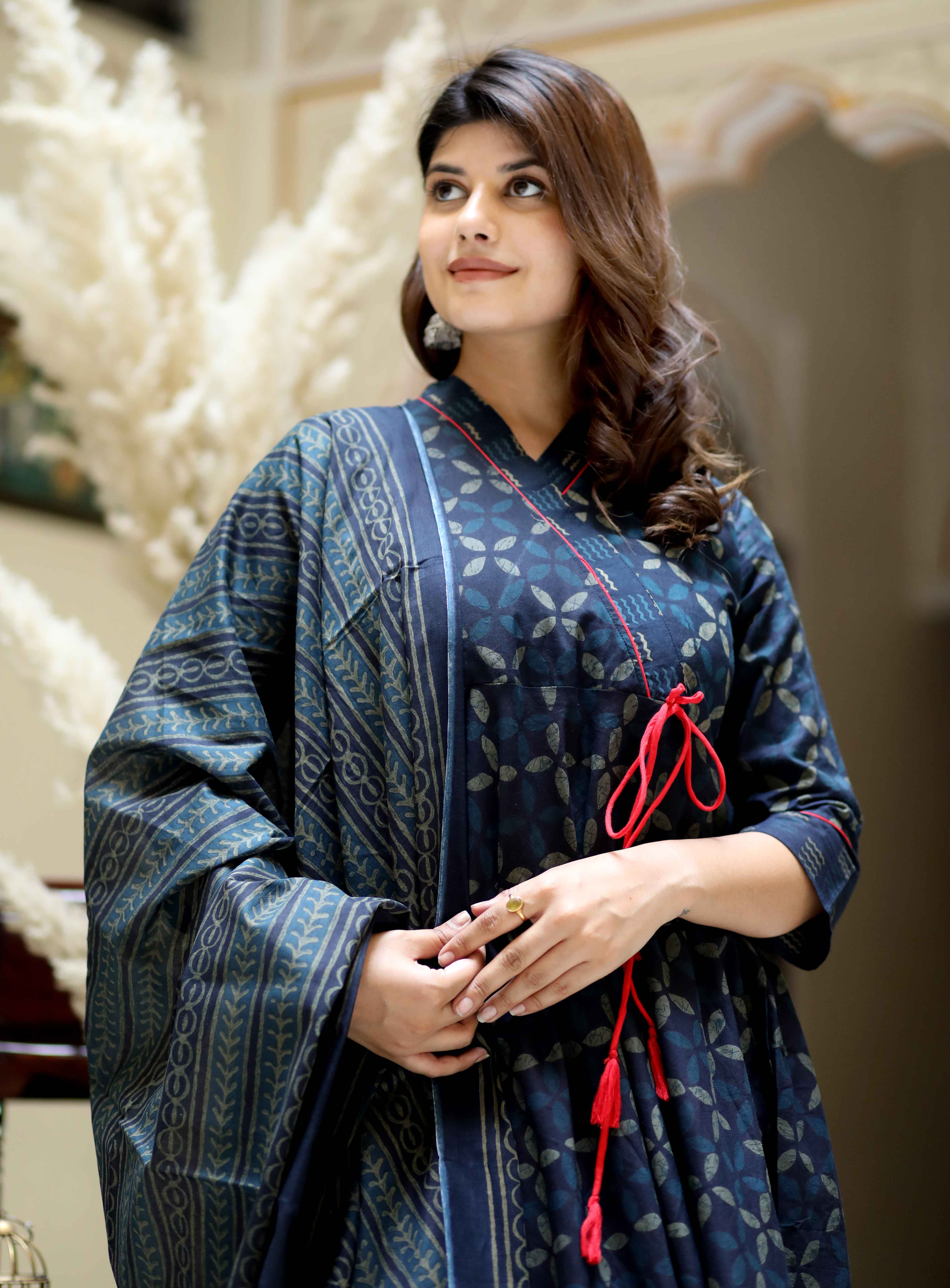 Blue Abstract Cotton Angrakha Kurta with Tassel Dupatta Set