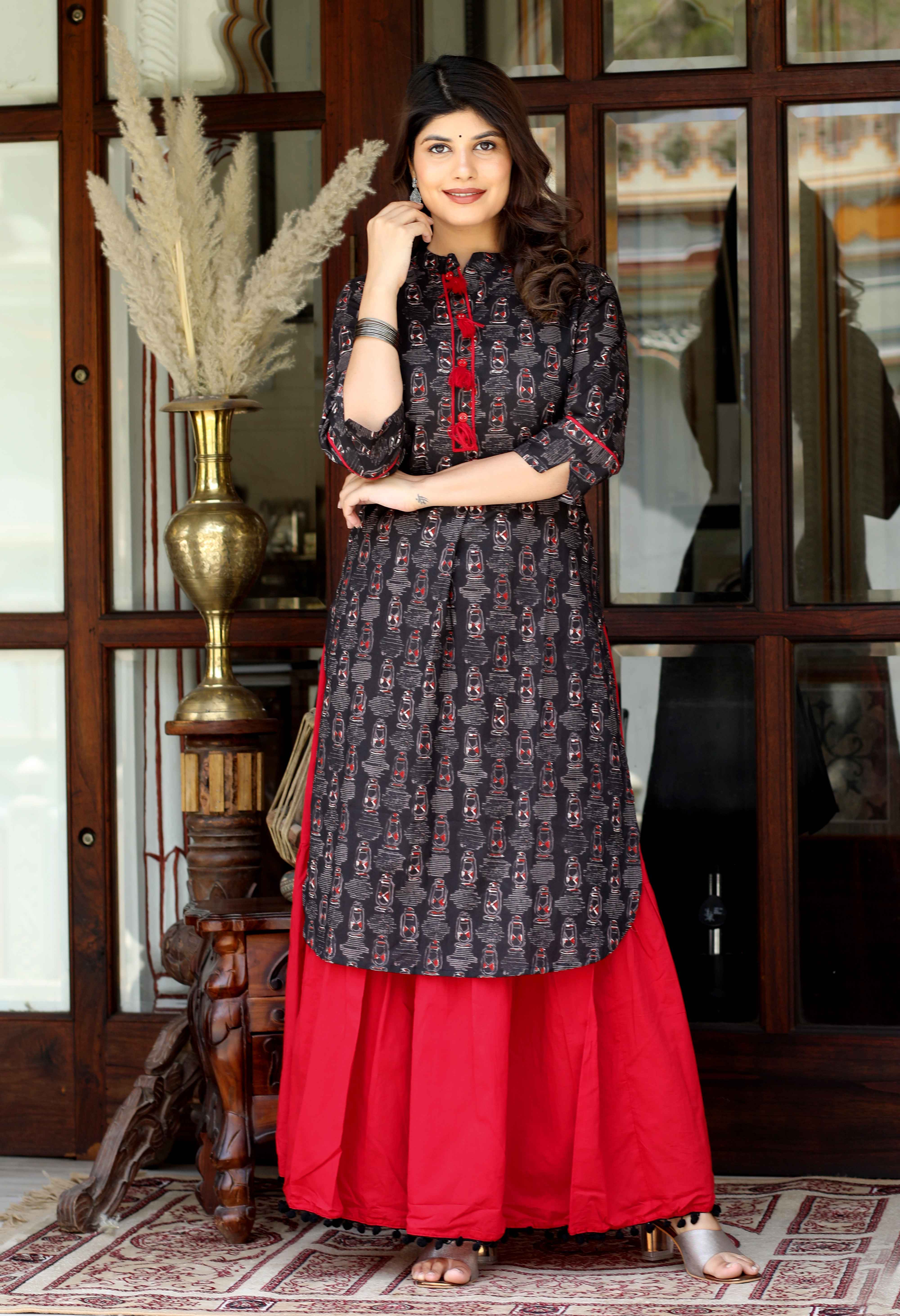 Black Floral Cotton Kurta with Lace Detailing & Solid Skirt Set