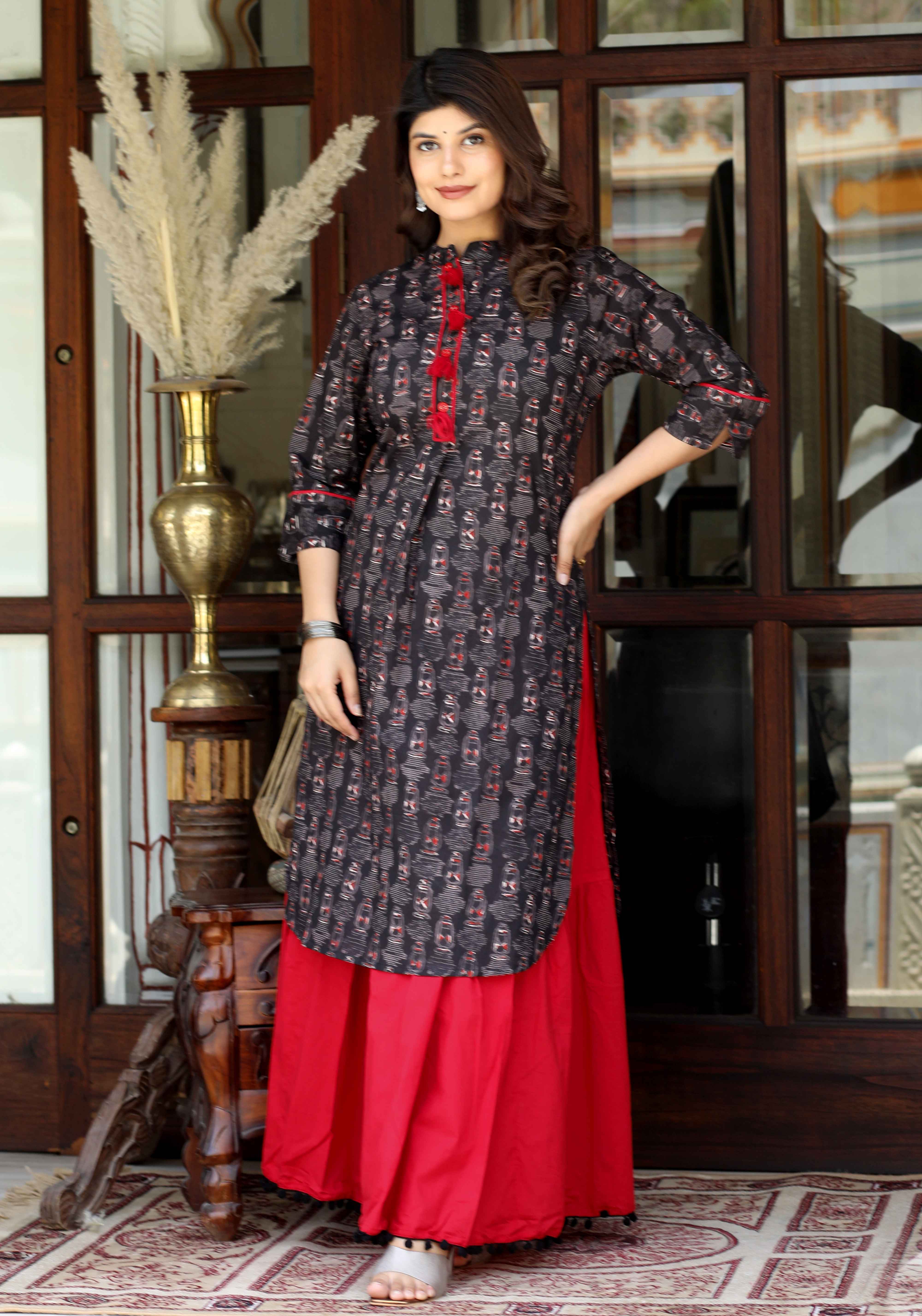 Black Floral Cotton Kurta with Lace Detailing & Solid Skirt Set