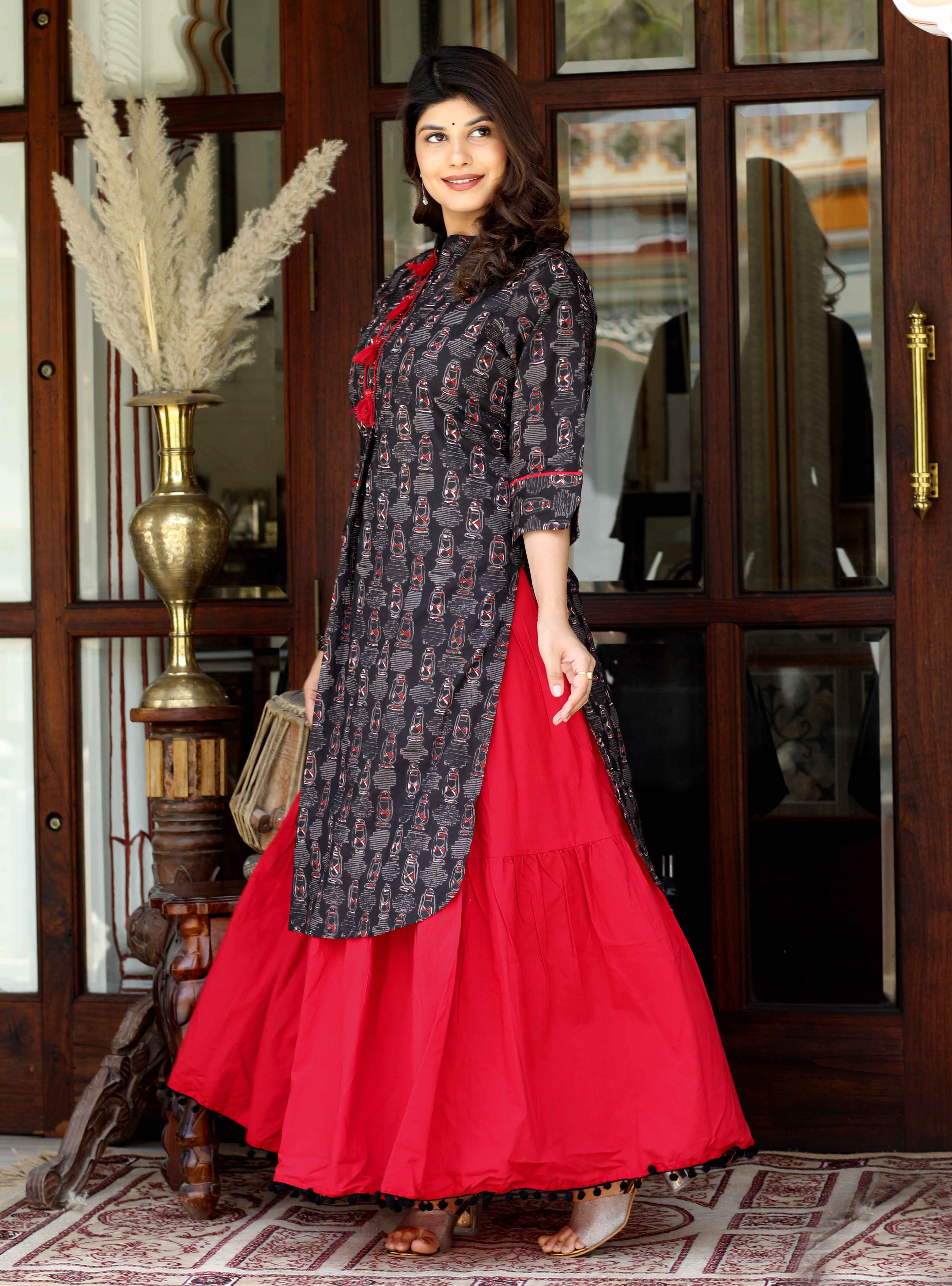 Black Floral Cotton Kurta with Lace Detailing & Solid Skirt Set