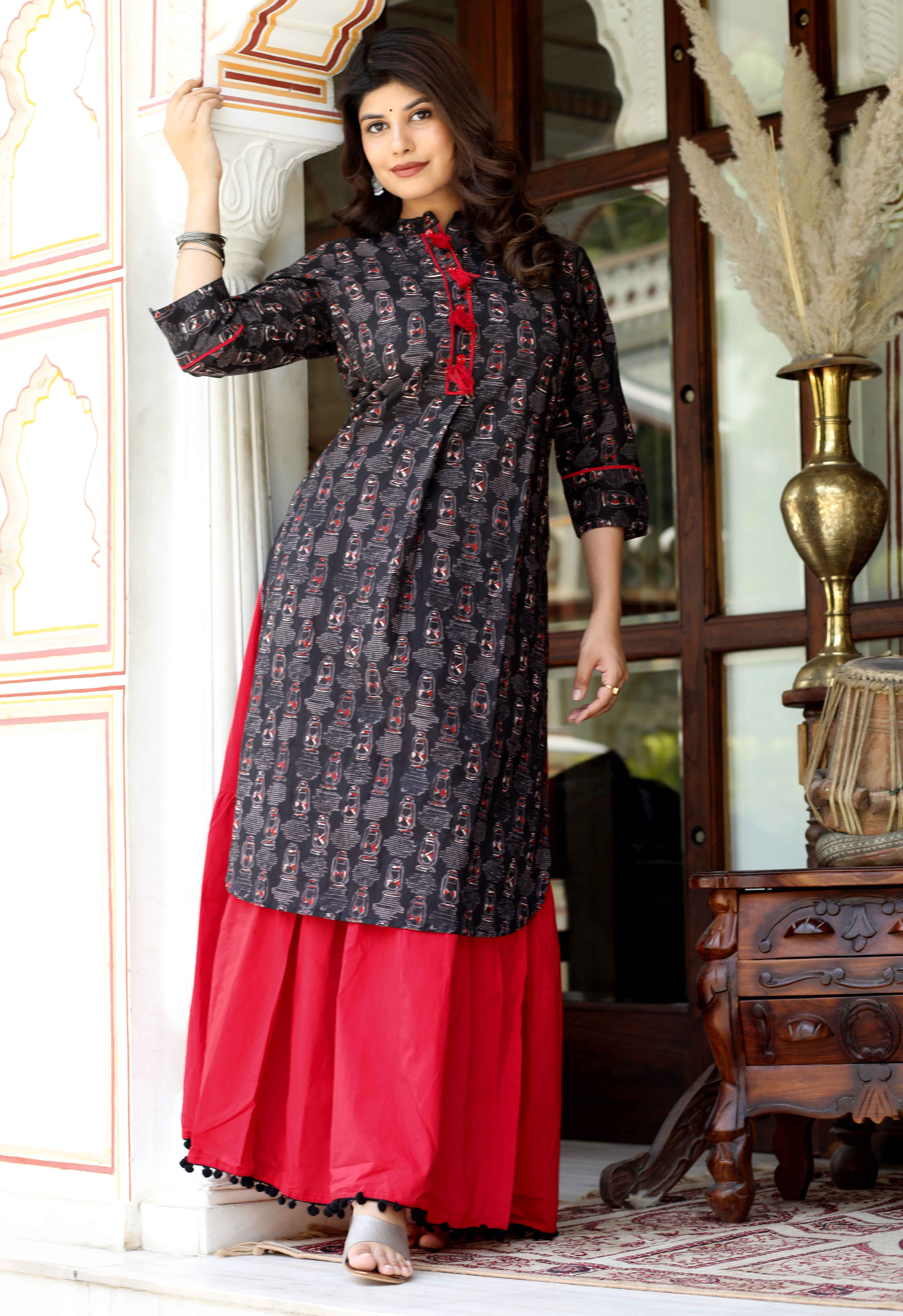 Black Floral Cotton Kurta with Lace Detailing & Solid Skirt Set