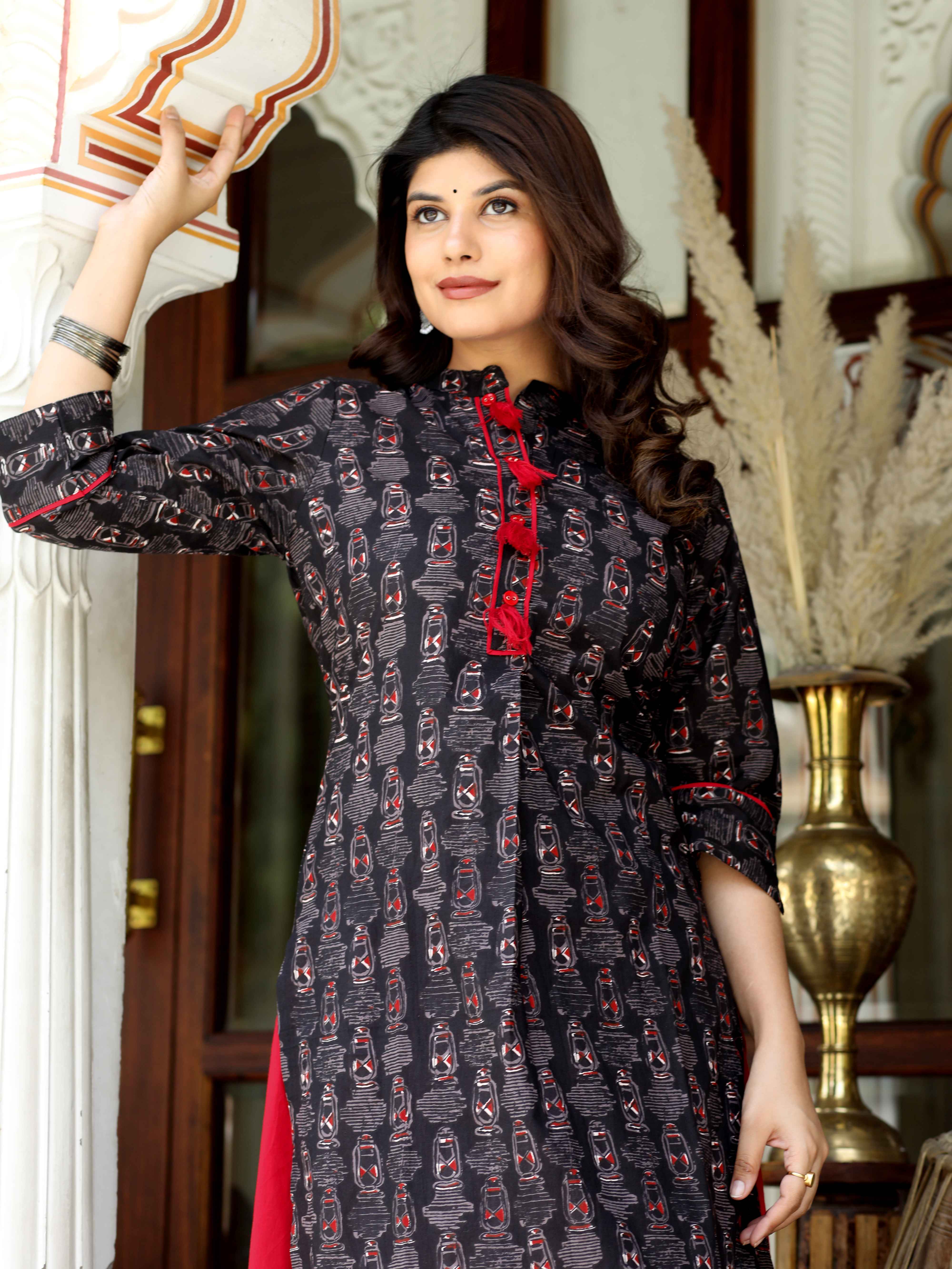 Black Floral Cotton Kurta with Lace Detailing & Solid Skirt Set