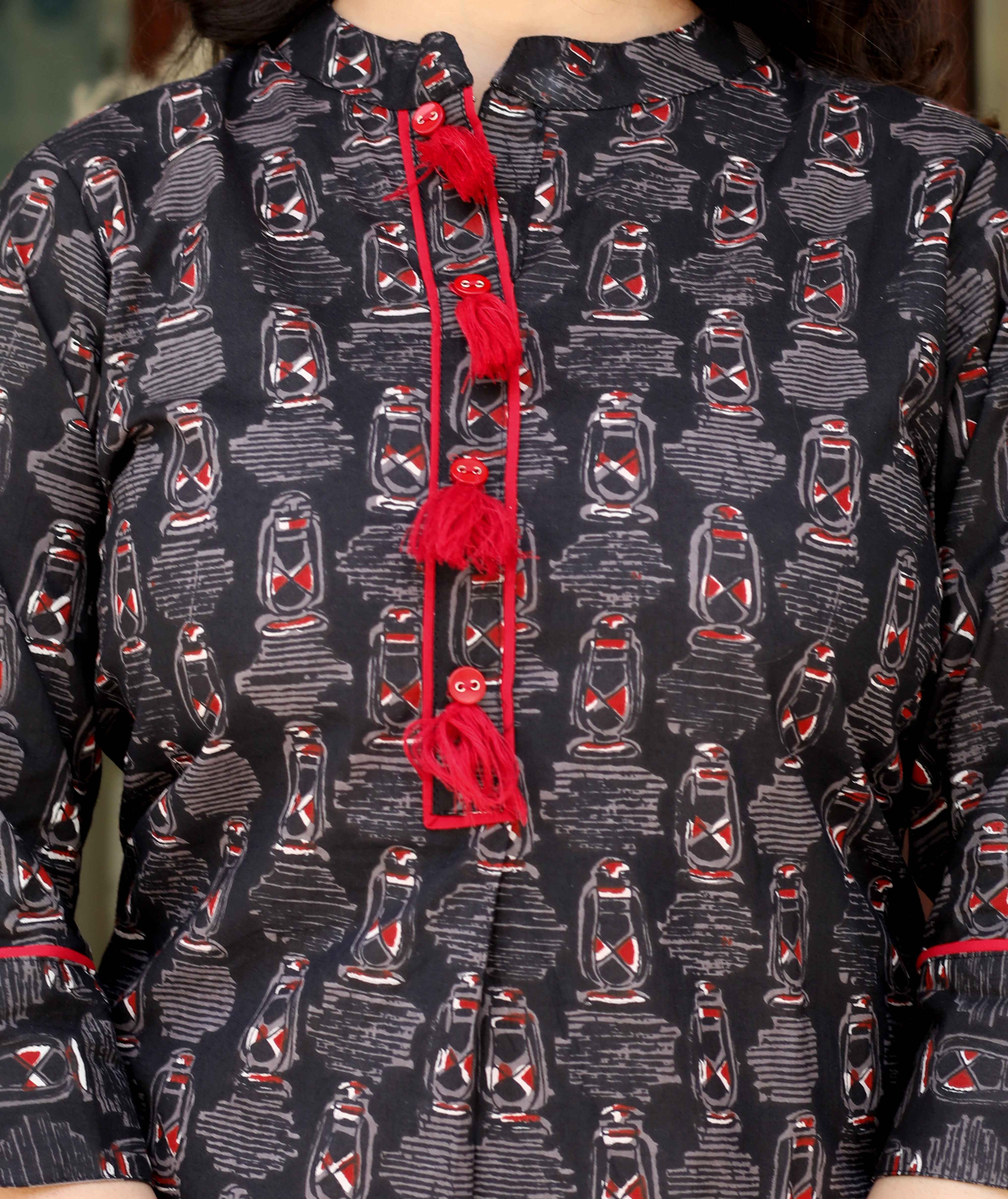 Black Floral Cotton Kurta with Lace Detailing & Solid Skirt Set