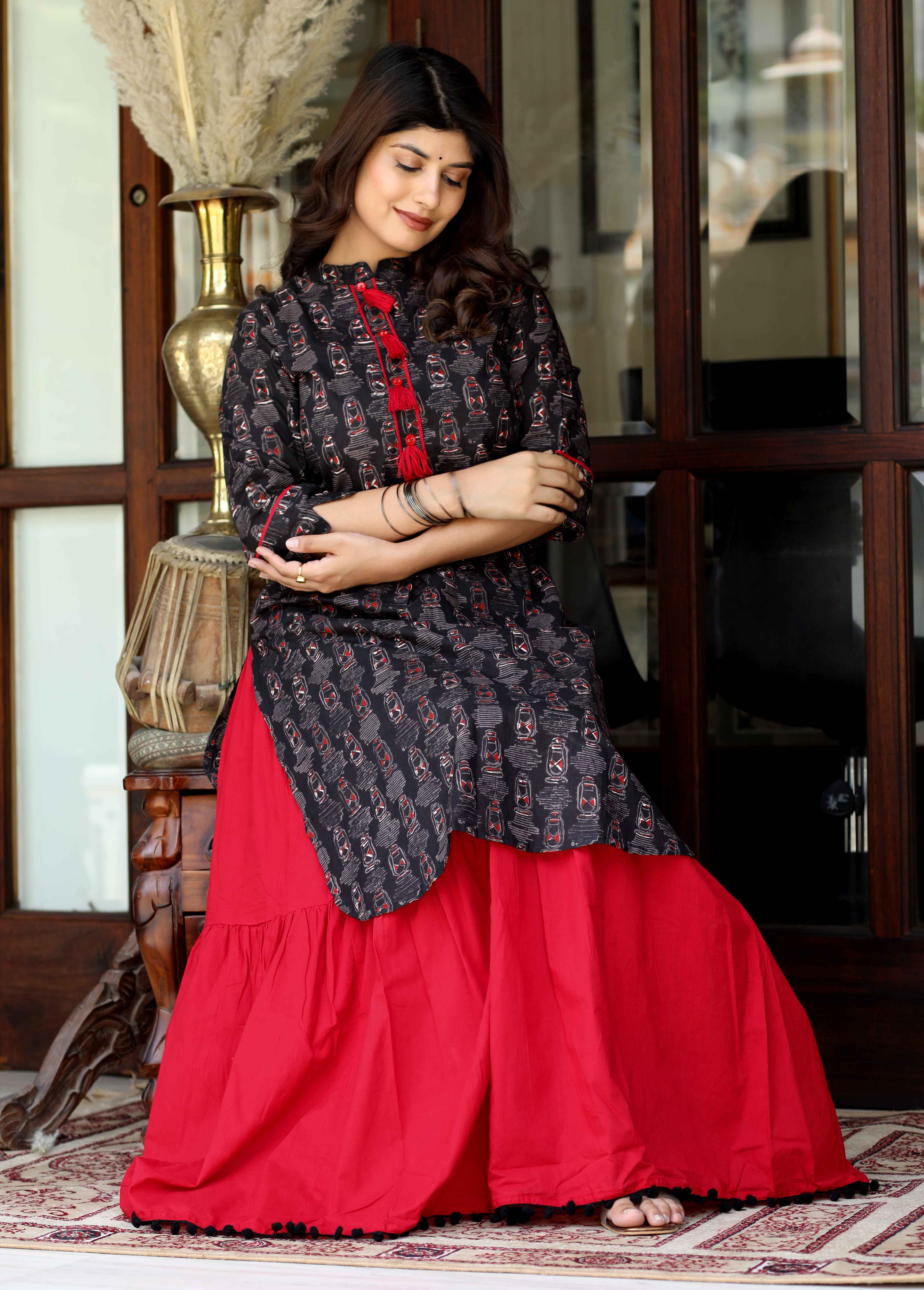 Black Floral Cotton Kurta with Lace Detailing & Solid Skirt Set