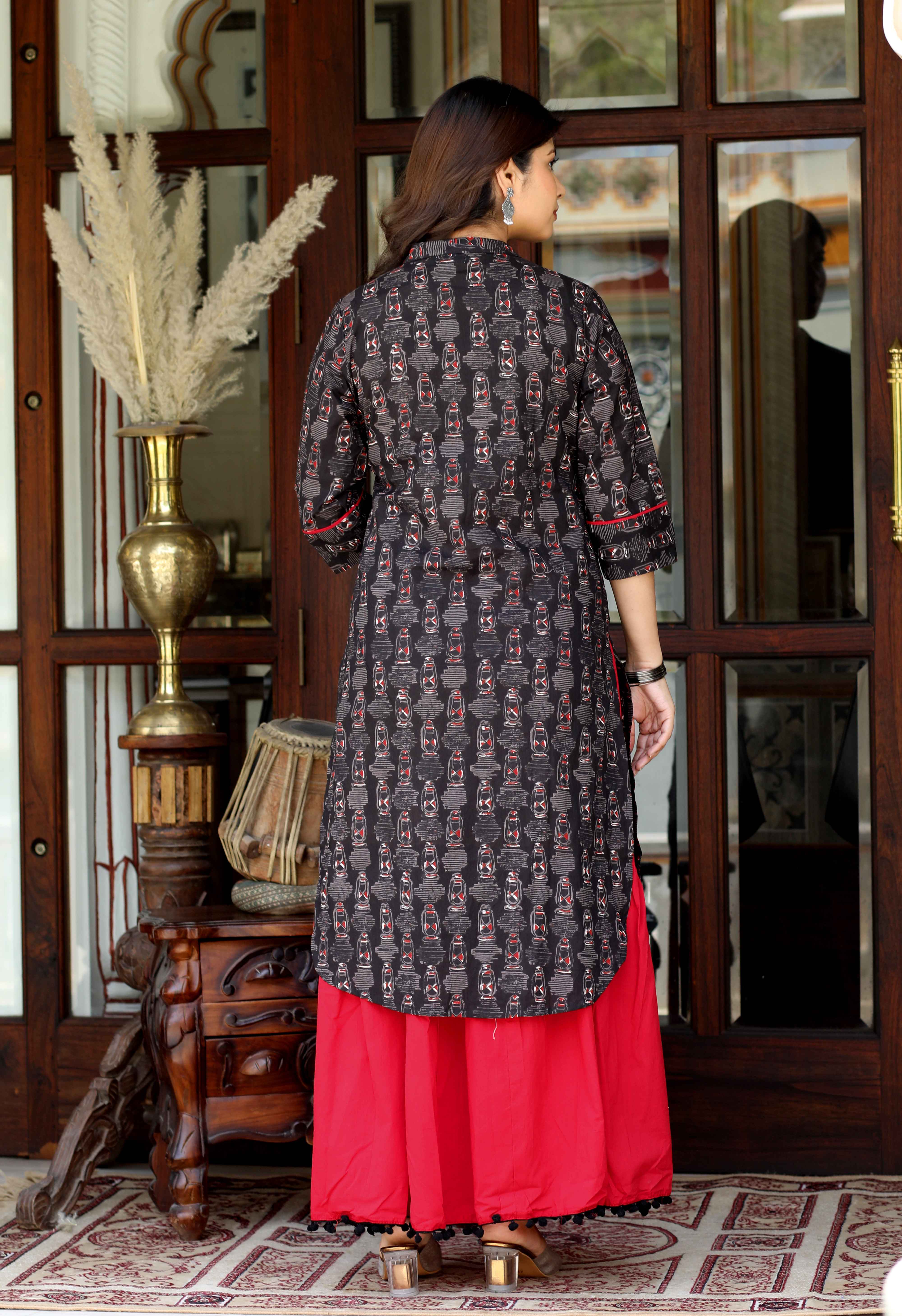 Black Floral Cotton Kurta with Lace Detailing & Solid Skirt Set