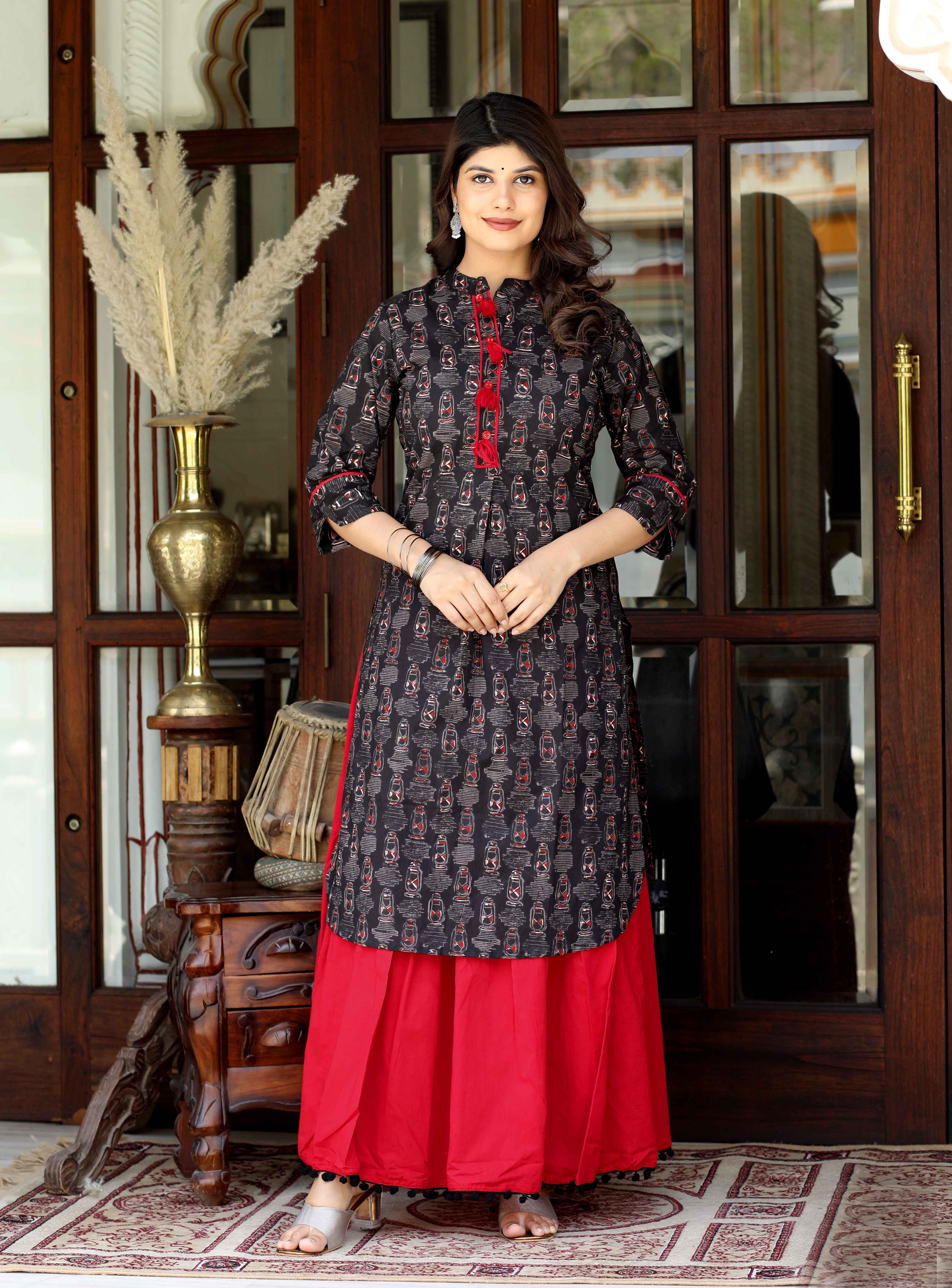 Black Floral Cotton Kurta with Lace Detailing & Solid Skirt Set