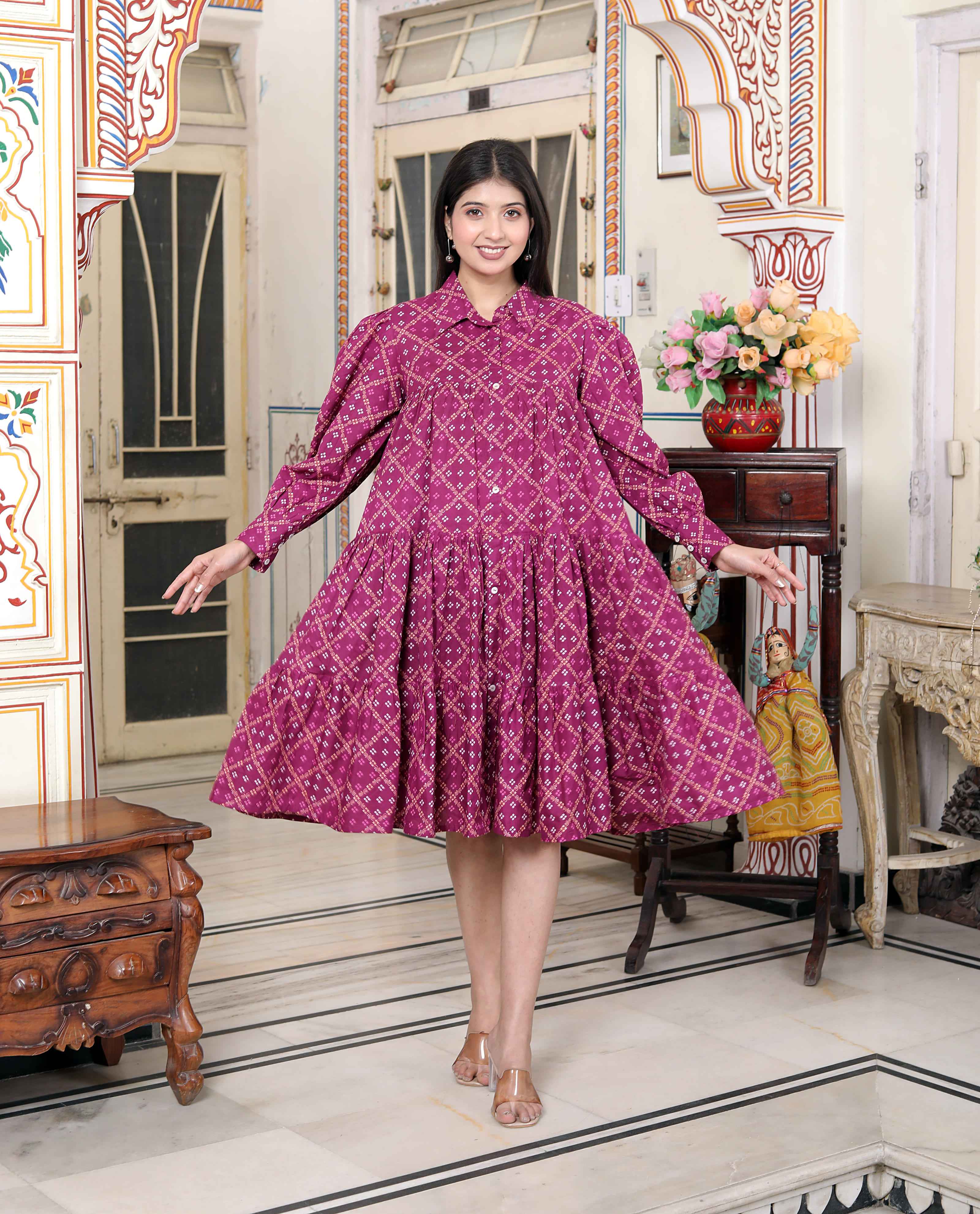 Womens Magenta Pure Cotton Long Puff Sleeve Gathered Tiered Loose Fit A-Line Dress