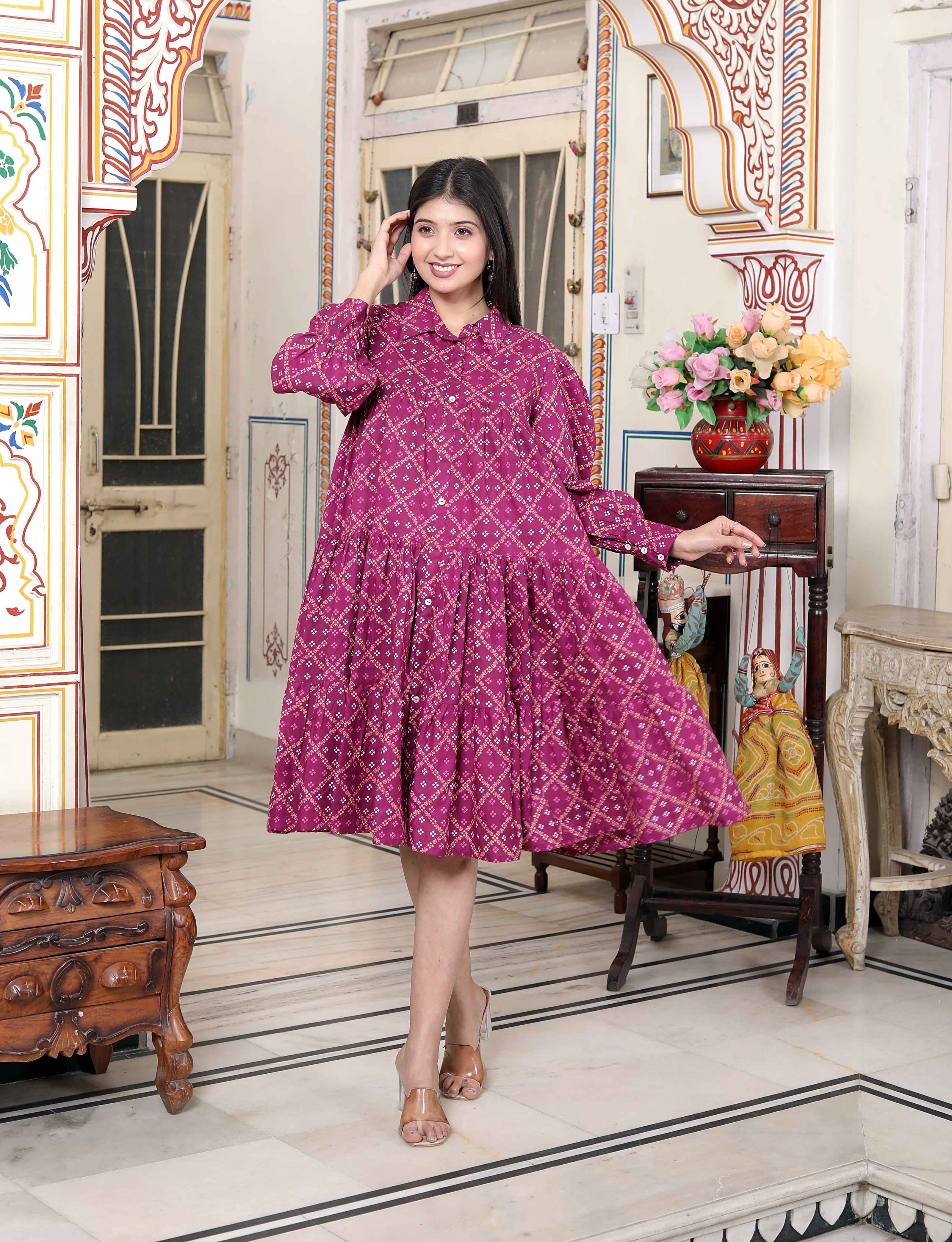 Womens Magenta Pure Cotton Long Puff Sleeve Gathered Tiered Loose Fit A-Line Dress