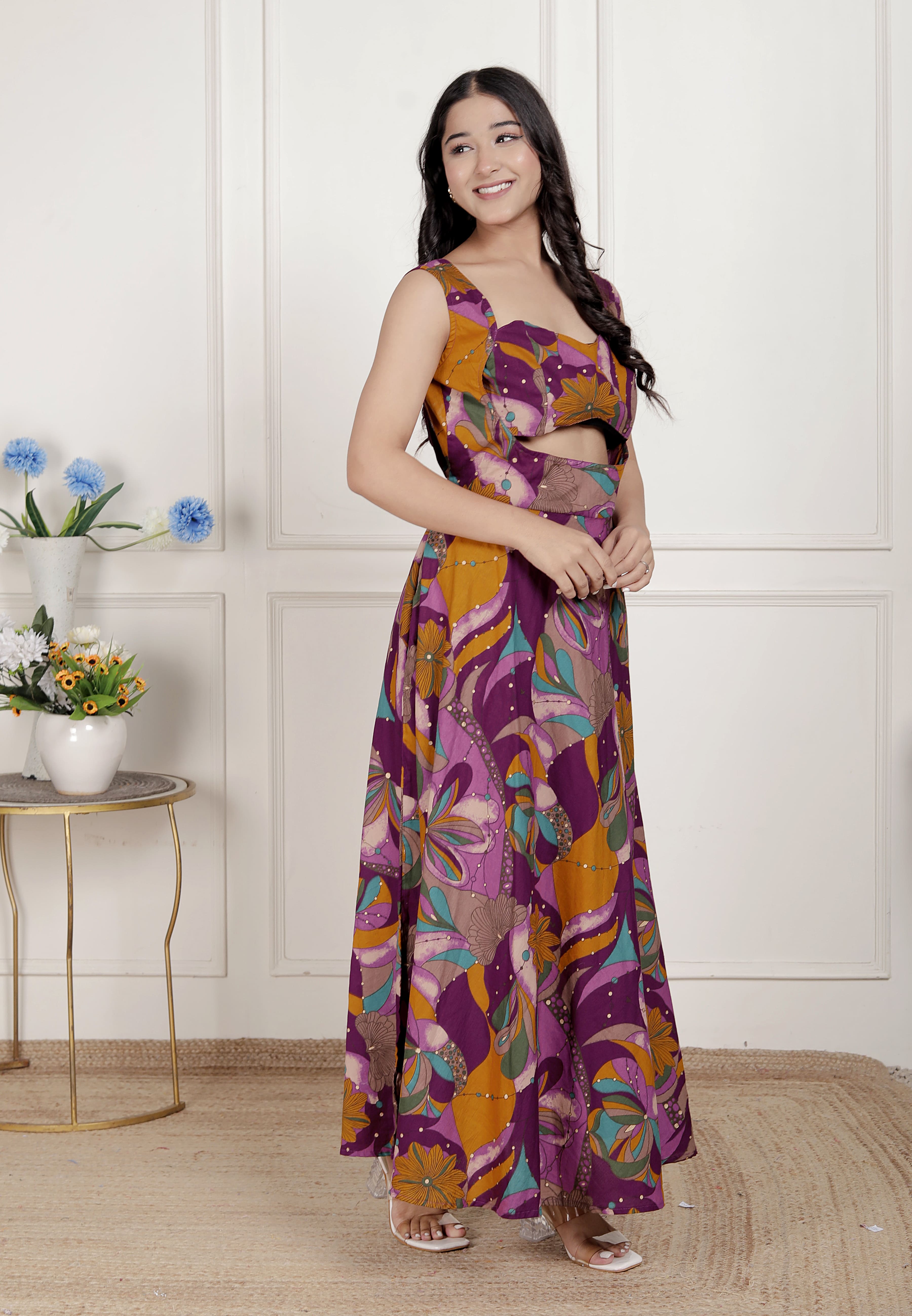 Magenta Floral Cotton Sleeveless Western Dress with Cut-Out Detail