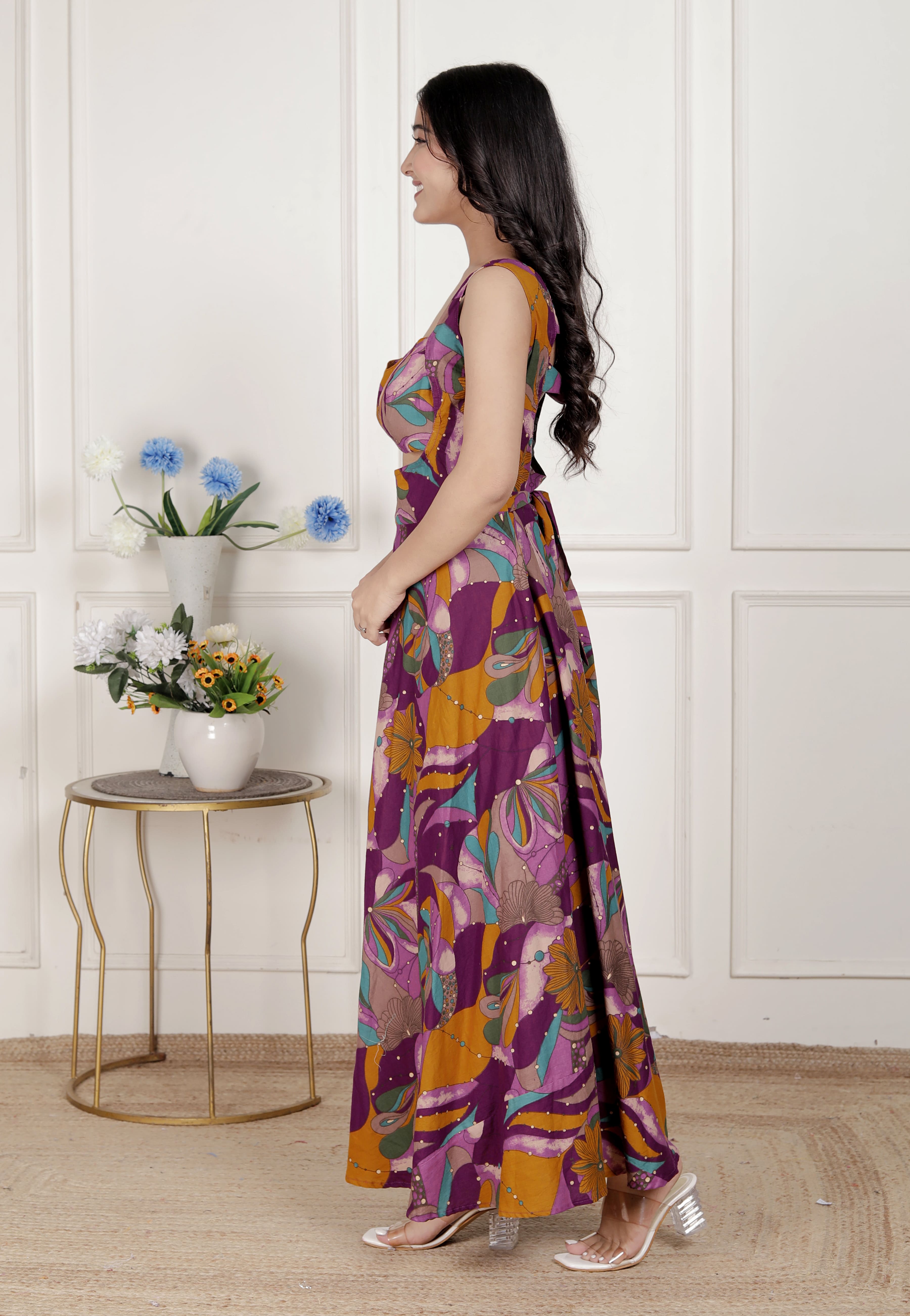 Magenta Floral Cotton Sleeveless Western Dress with Cut-Out Detail