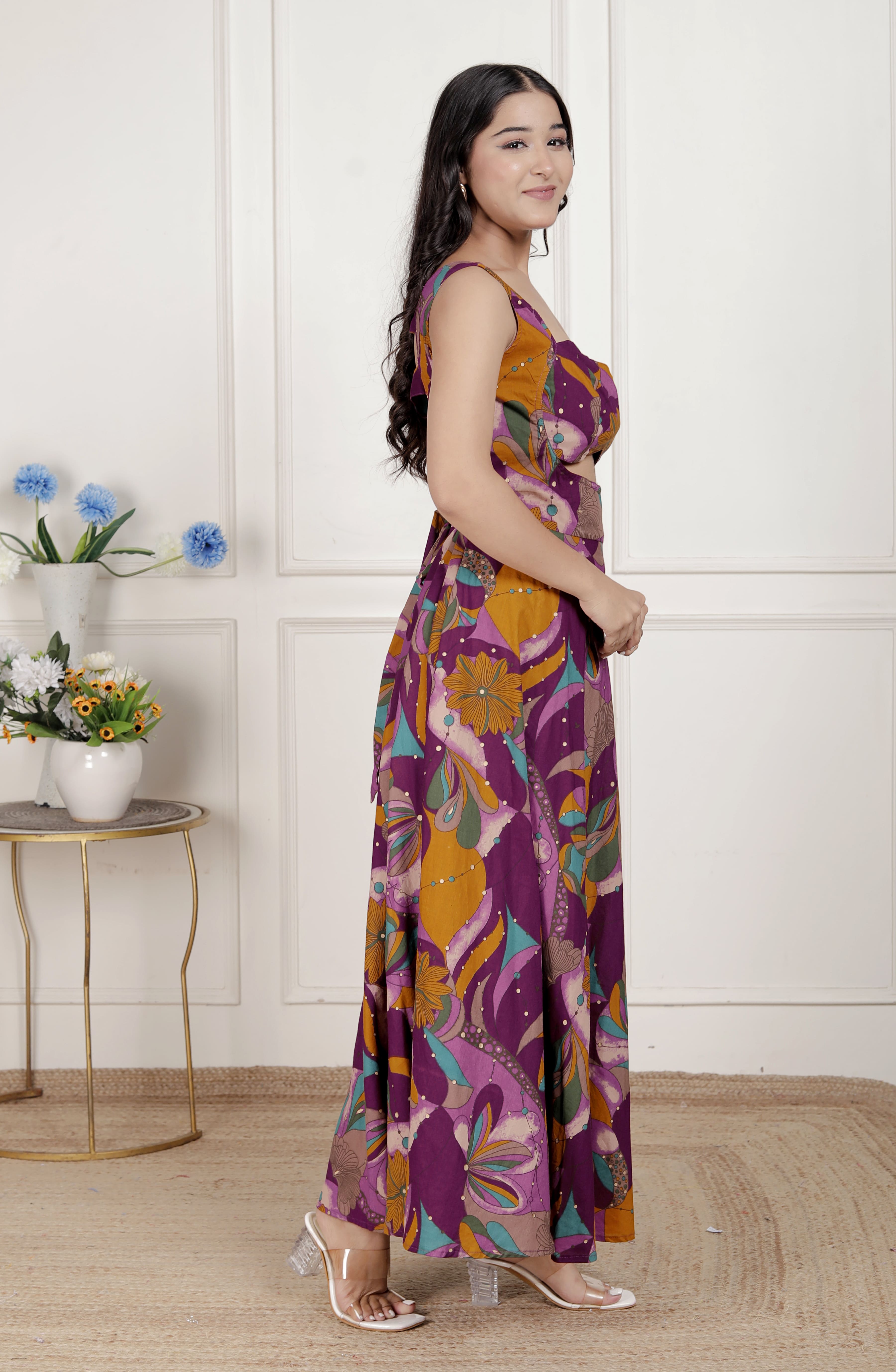 Magenta Floral Cotton Sleeveless Western Dress with Cut-Out Detail