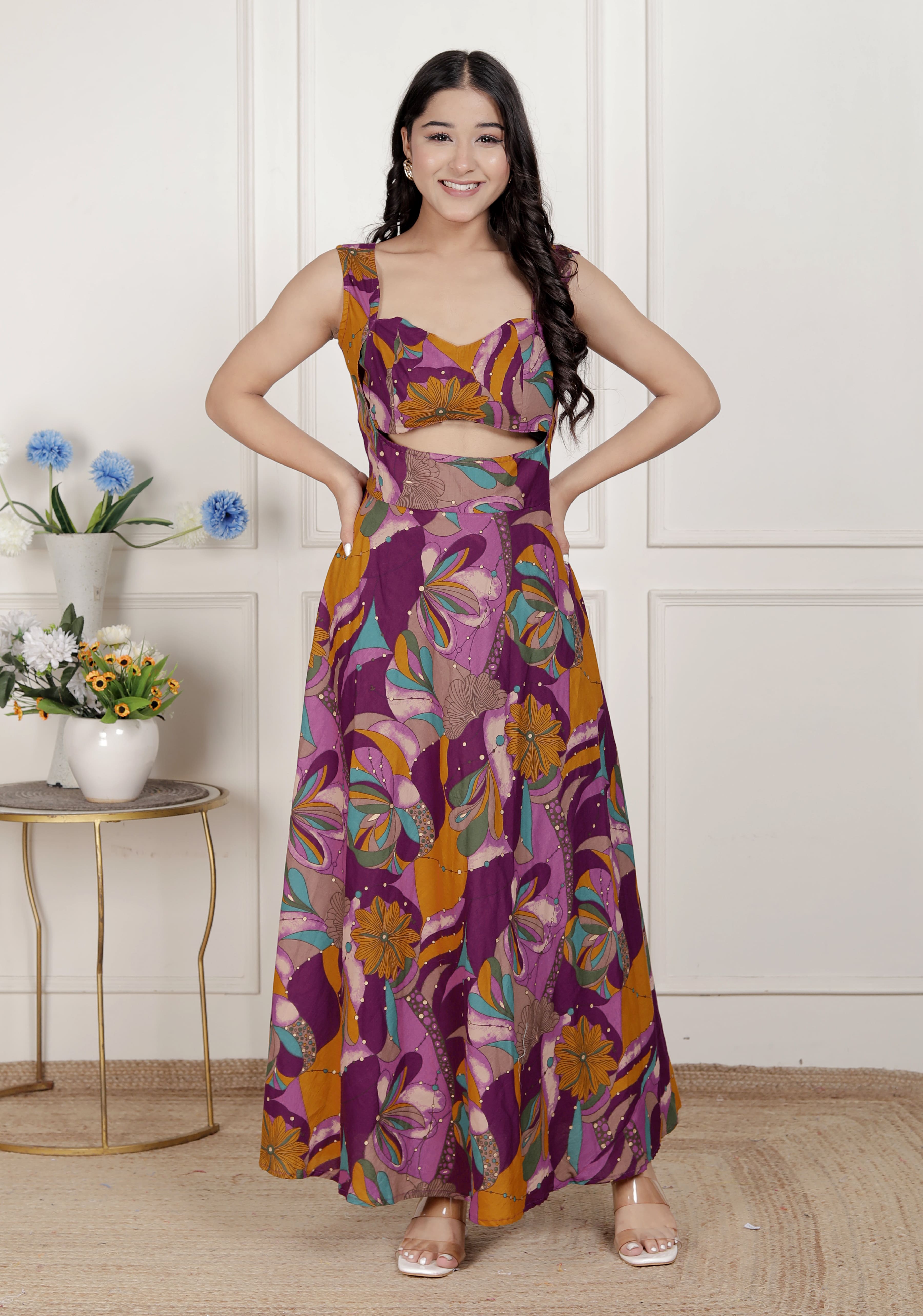 Magenta Floral Cotton Sleeveless Western Dress with Cut-Out Detail