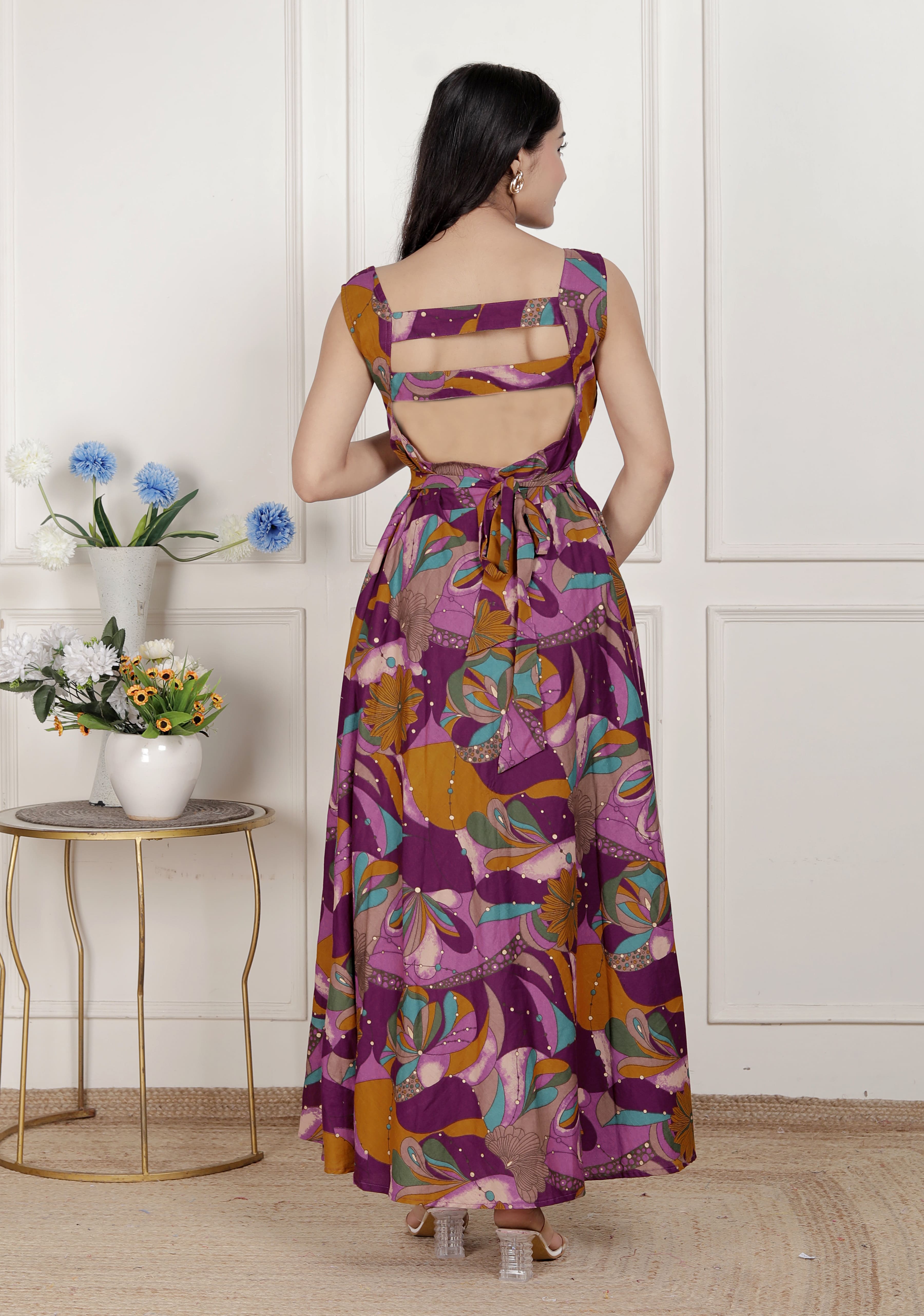 Magenta Floral Cotton Sleeveless Western Dress with Cut-Out Detail