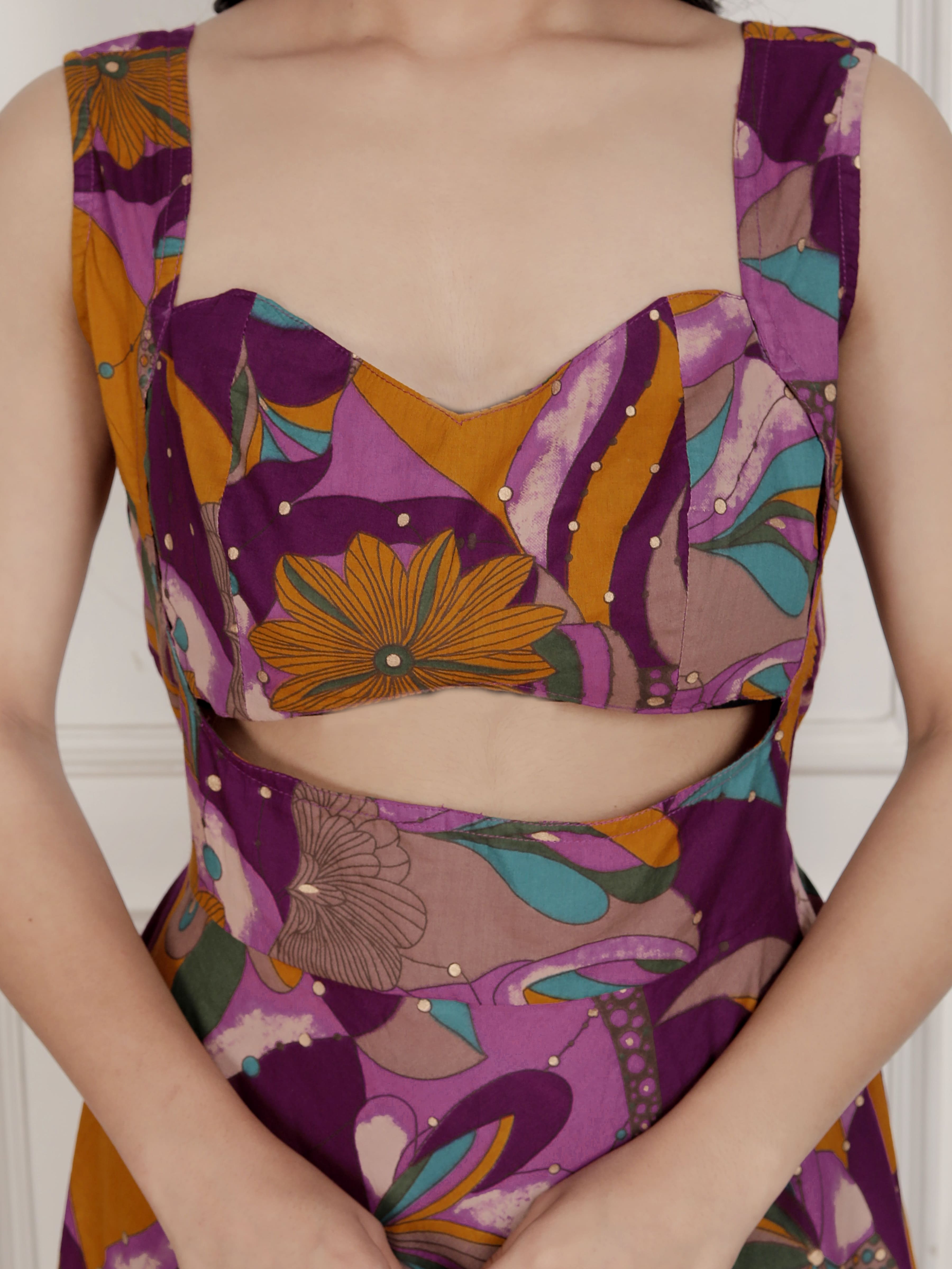 Magenta Floral Cotton Sleeveless Western Dress with Cut-Out Detail