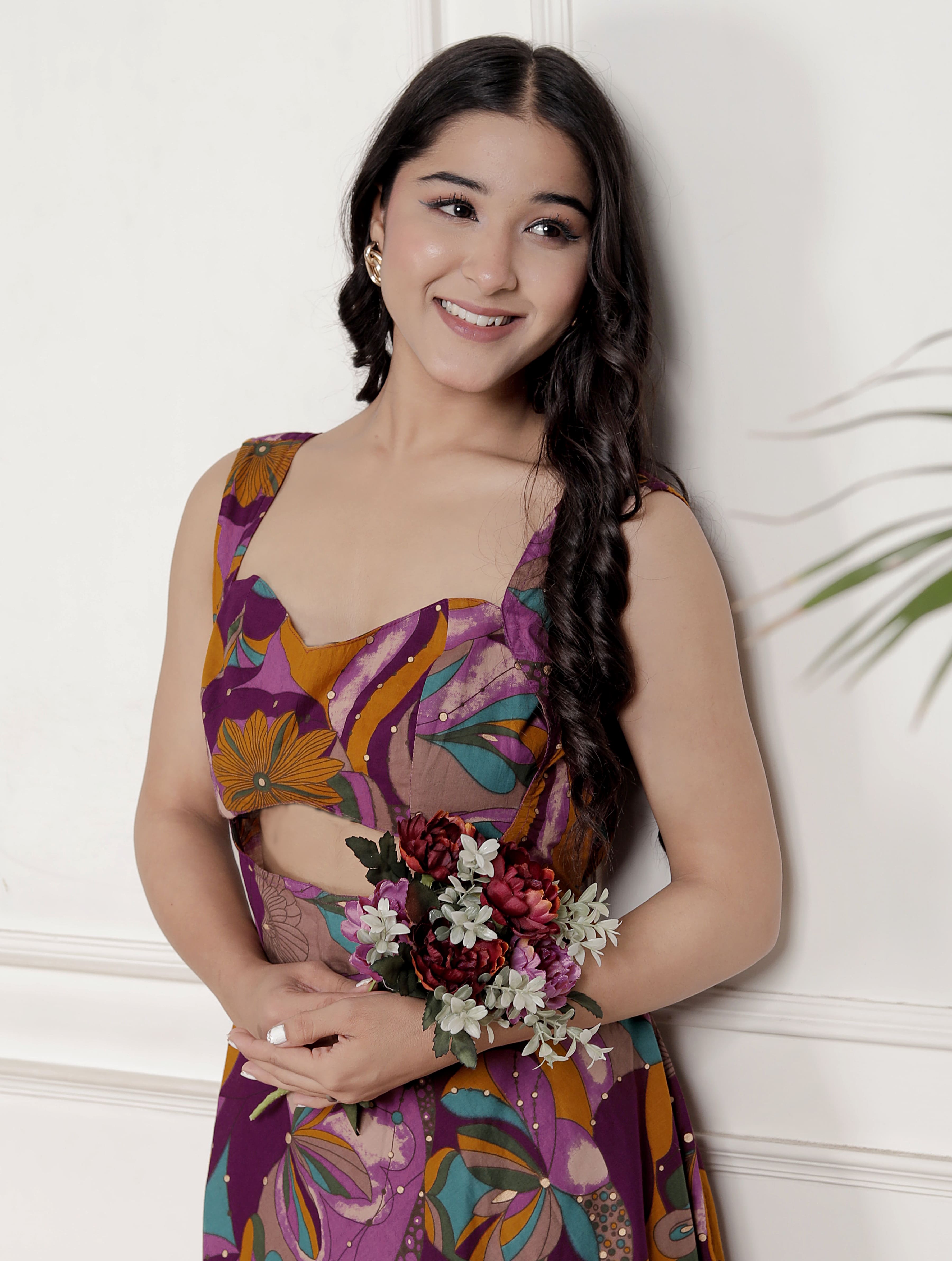 Magenta Floral Cotton Sleeveless Western Dress with Cut-Out Detail