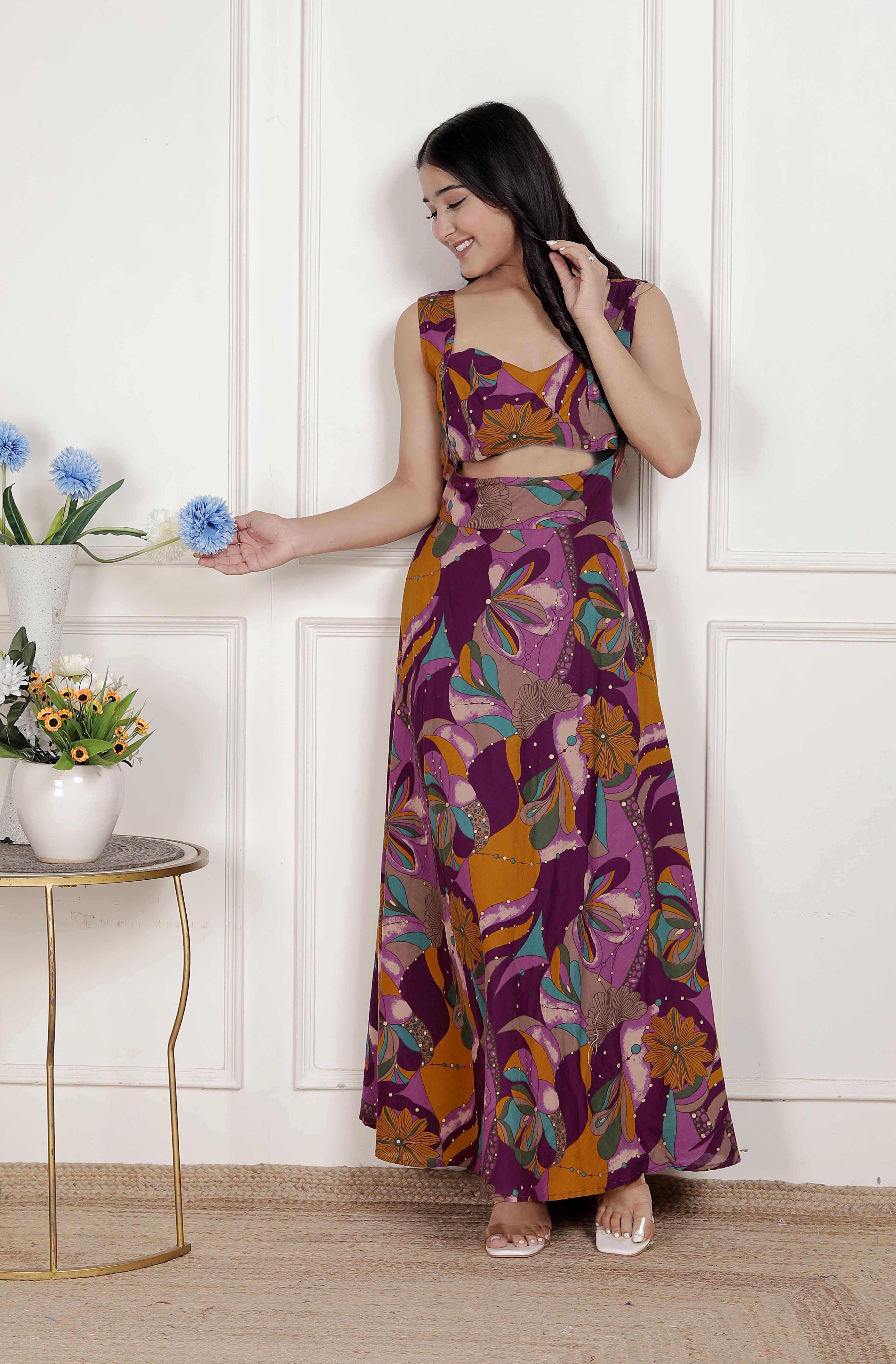 Magenta Floral Cotton Sleeveless Western Dress with Cut-Out Detail