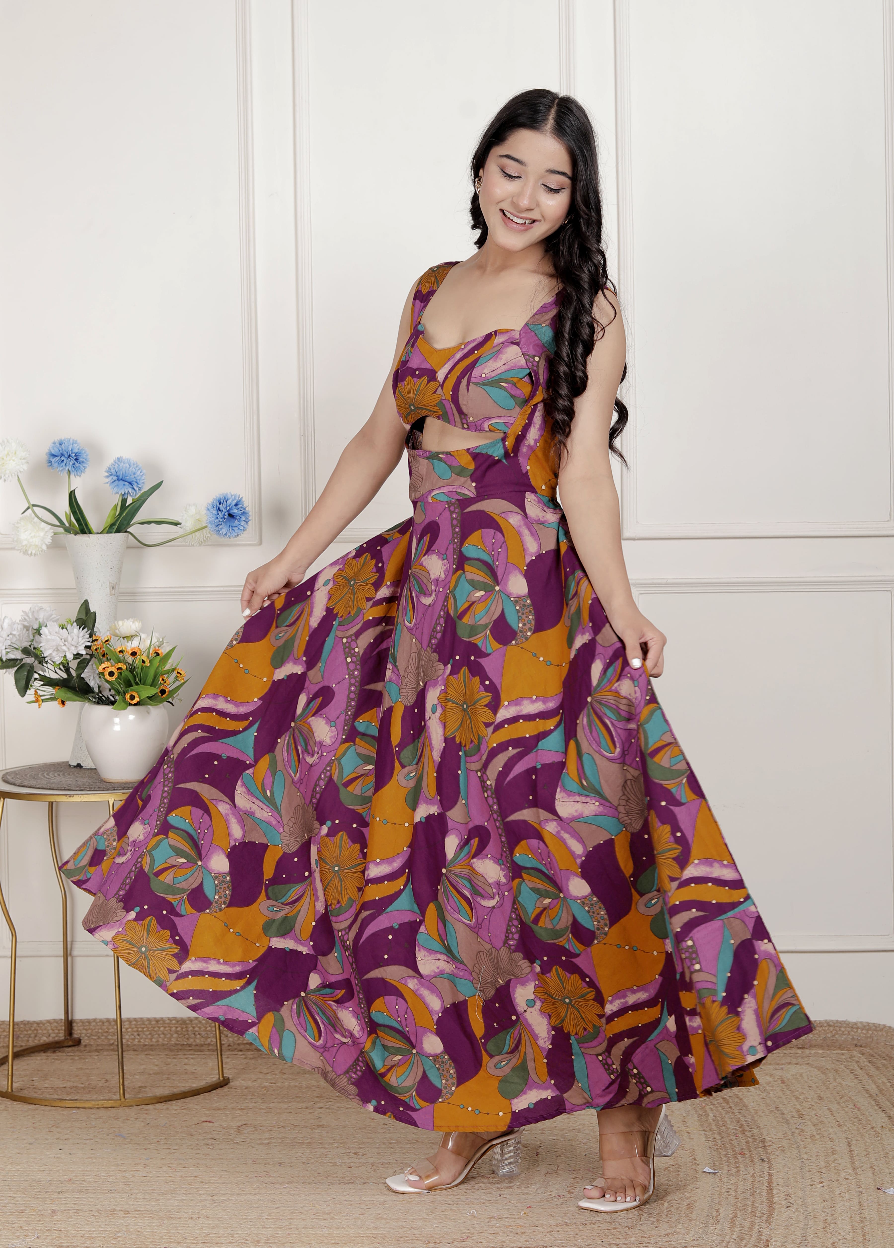 Magenta Floral Cotton Sleeveless Western Dress with Cut-Out Detail