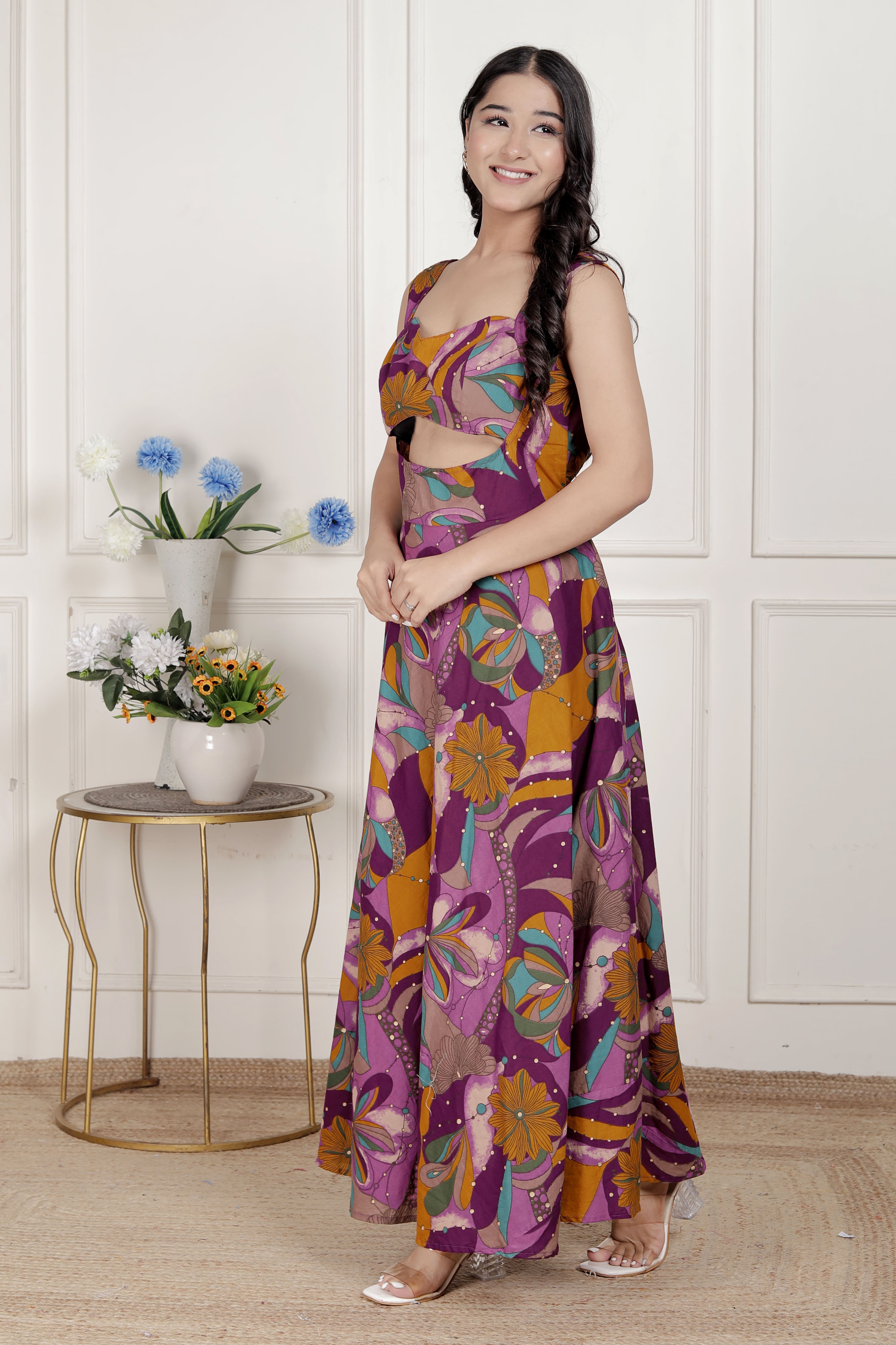 Magenta Floral Cotton Sleeveless Western Dress with Cut-Out Detail