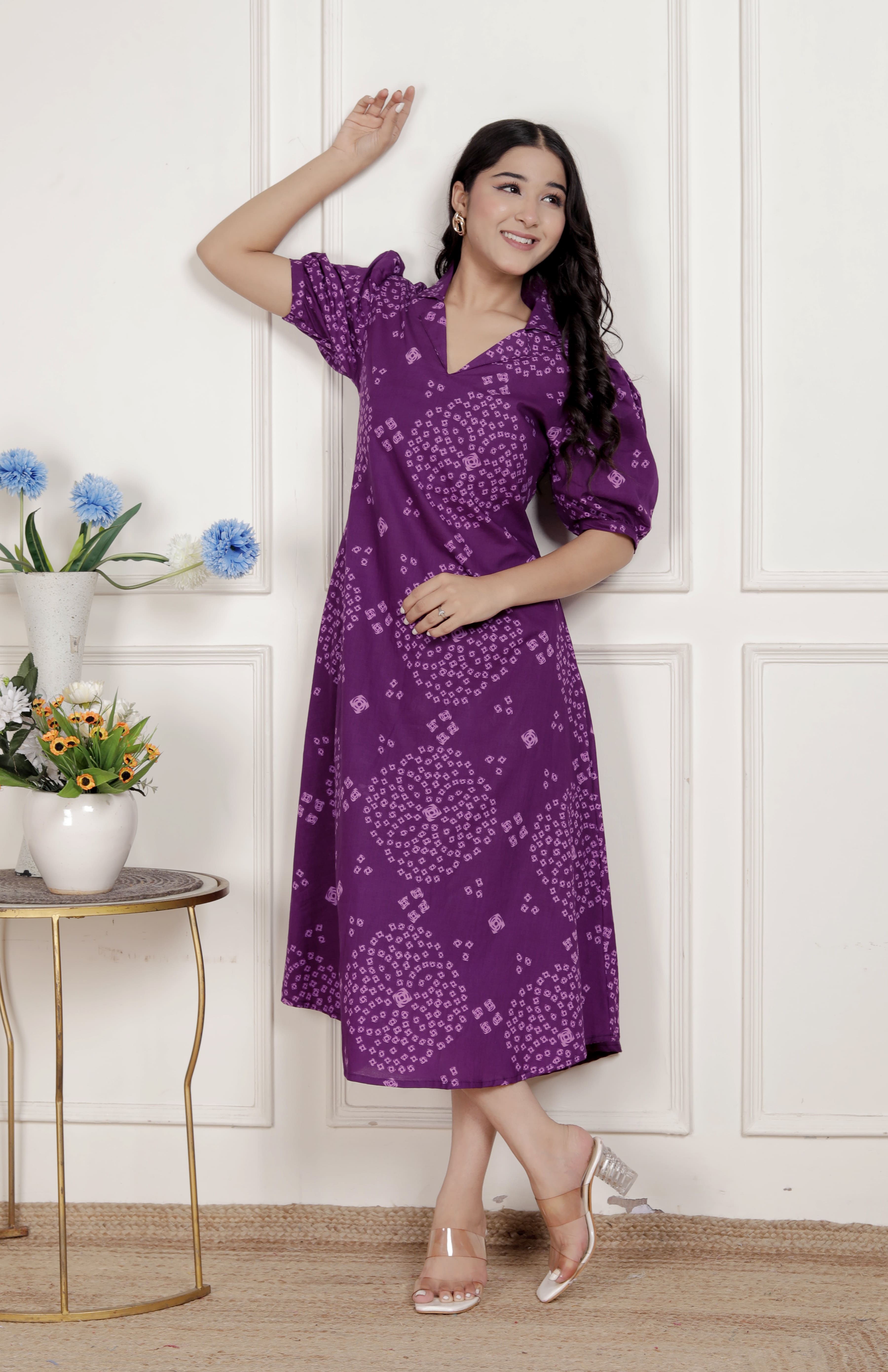 Purple Bandhani Printed Cotton A-Line Maxi Dress – Vacation Wear