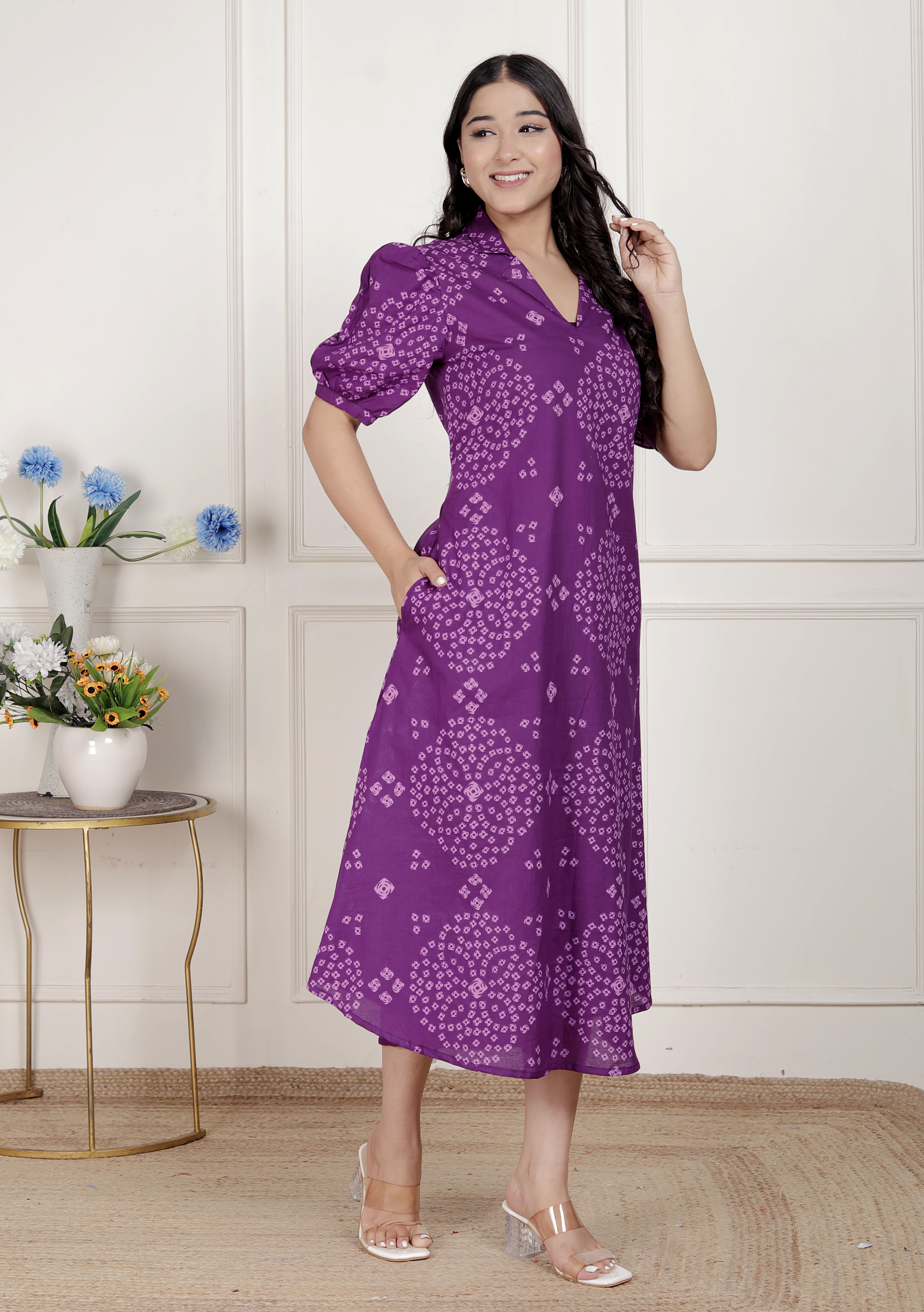 Purple Bandhani Printed Cotton A-Line Maxi Dress – Vacation Wear