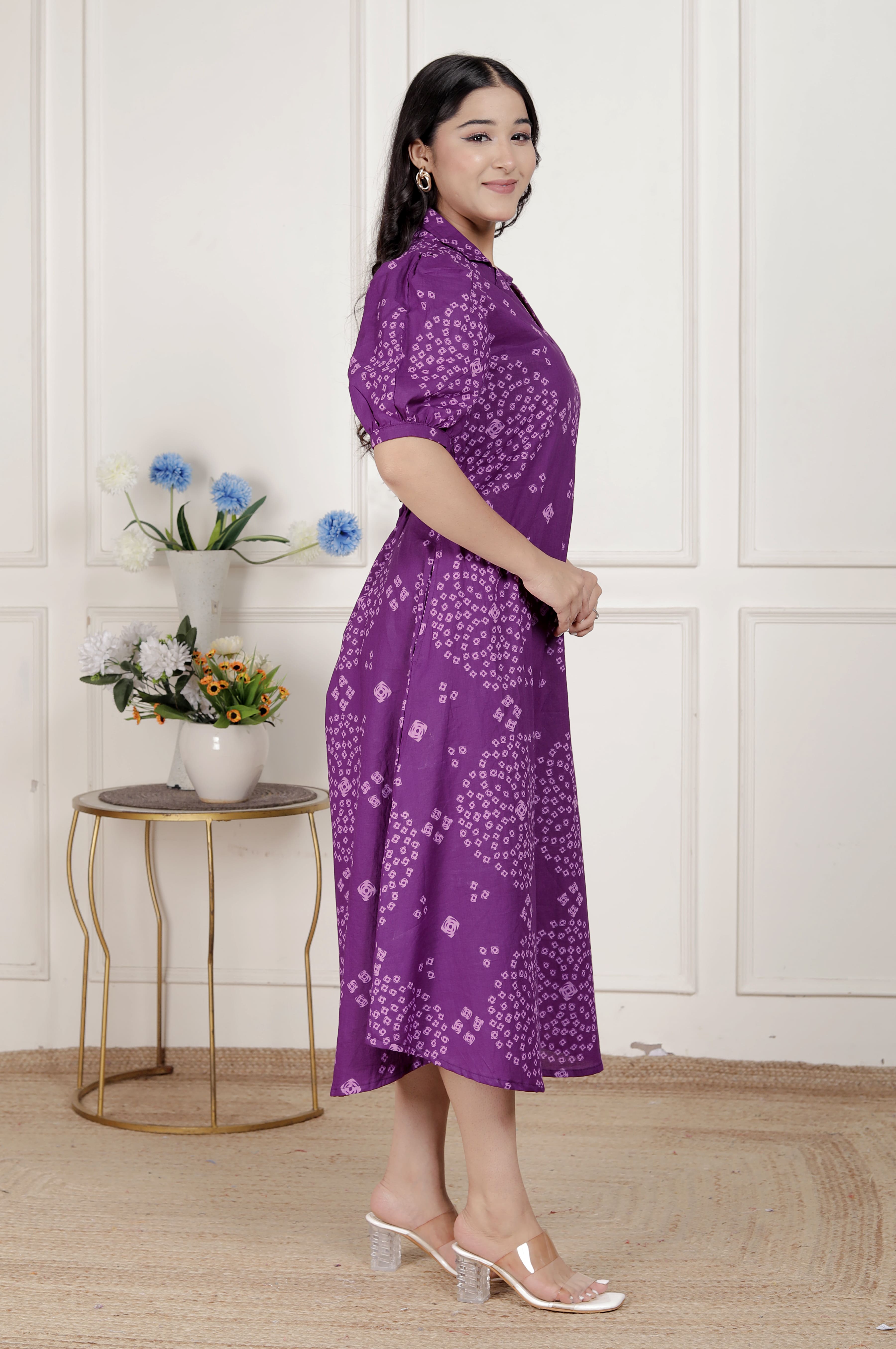 Purple Bandhani Printed Cotton A-Line Maxi Dress – Vacation Wear