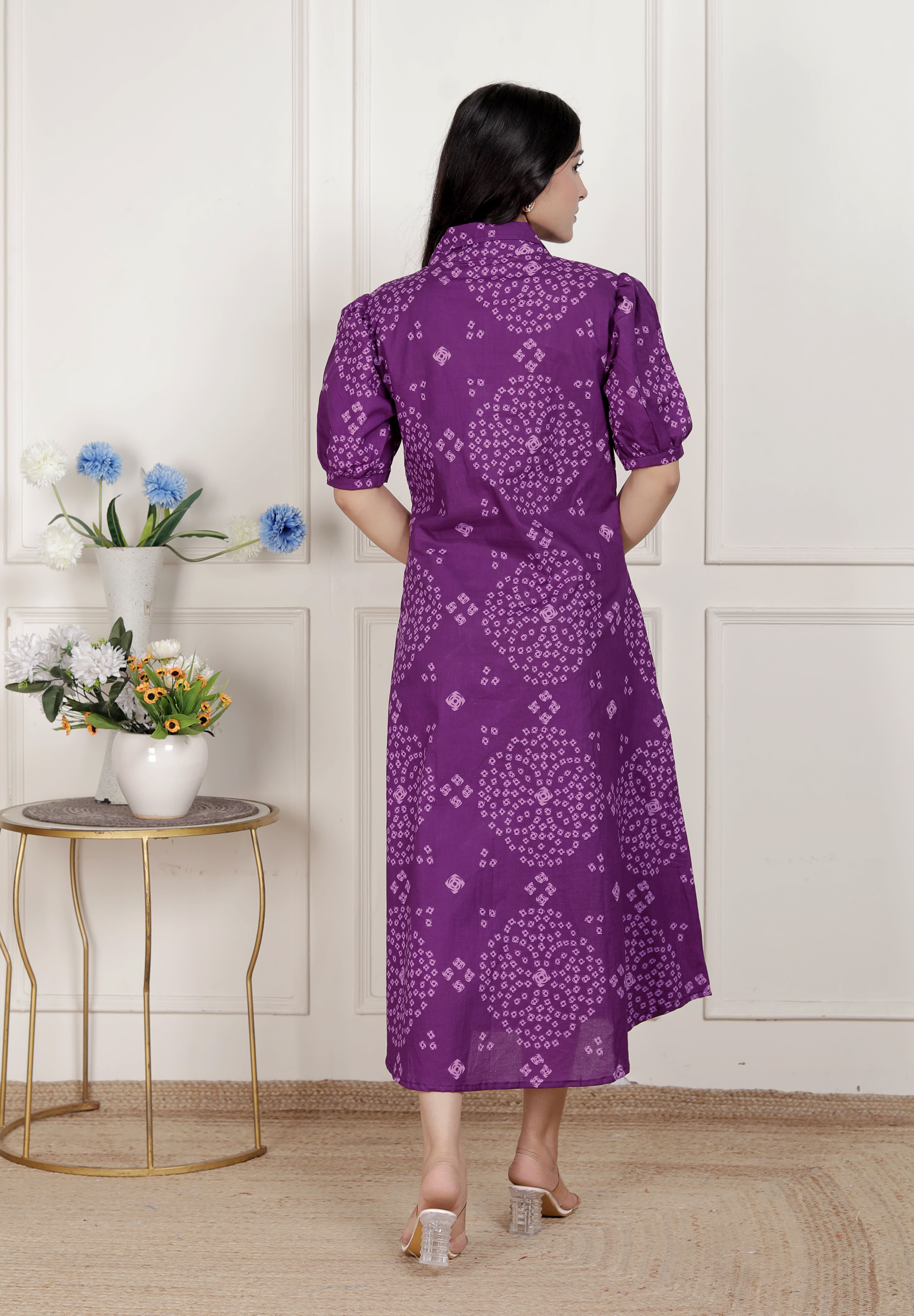 Purple Bandhani Printed Cotton A-Line Maxi Dress – Vacation Wear