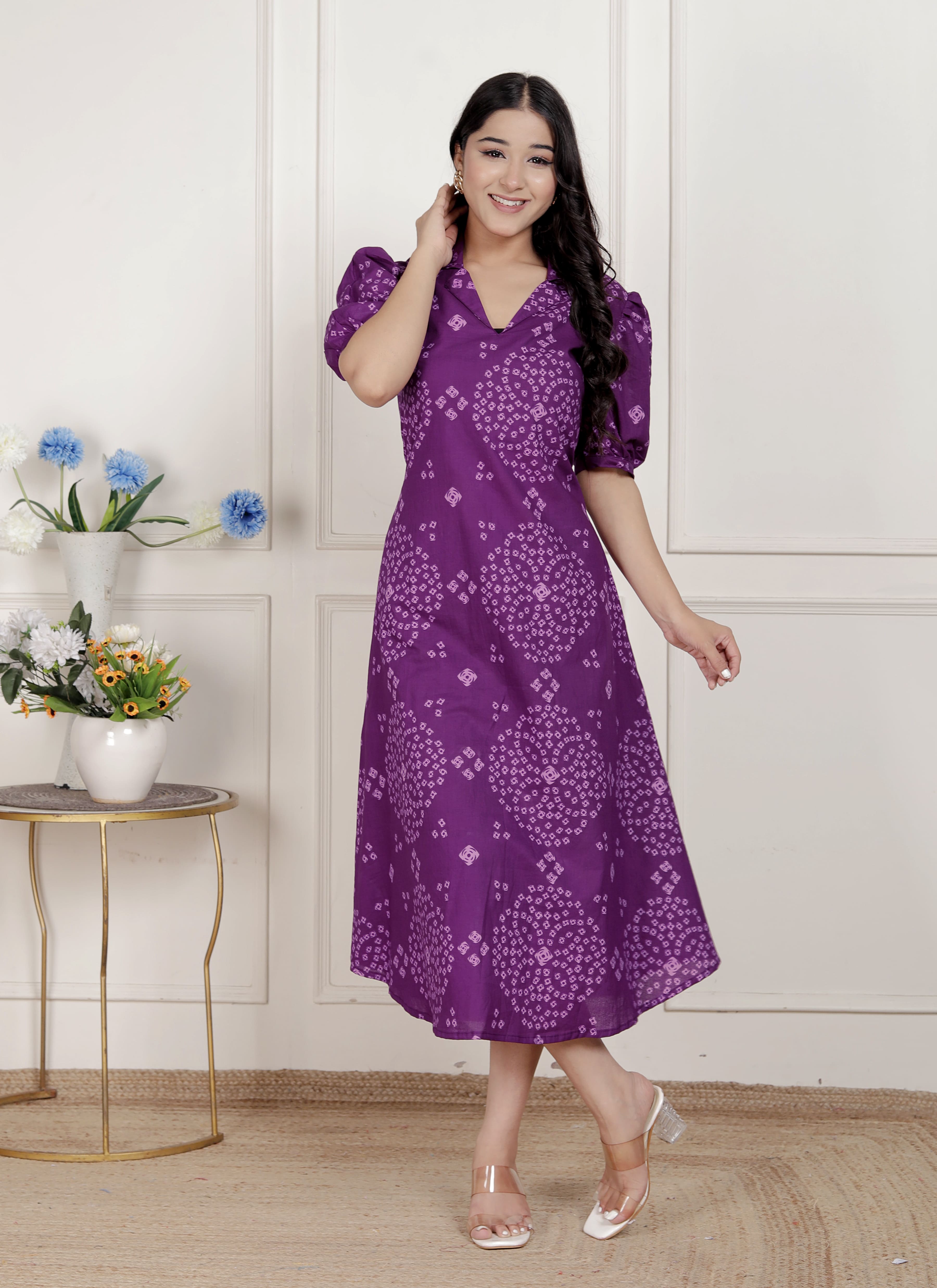 Purple Bandhani Printed Cotton A-Line Maxi Dress – Vacation Wear