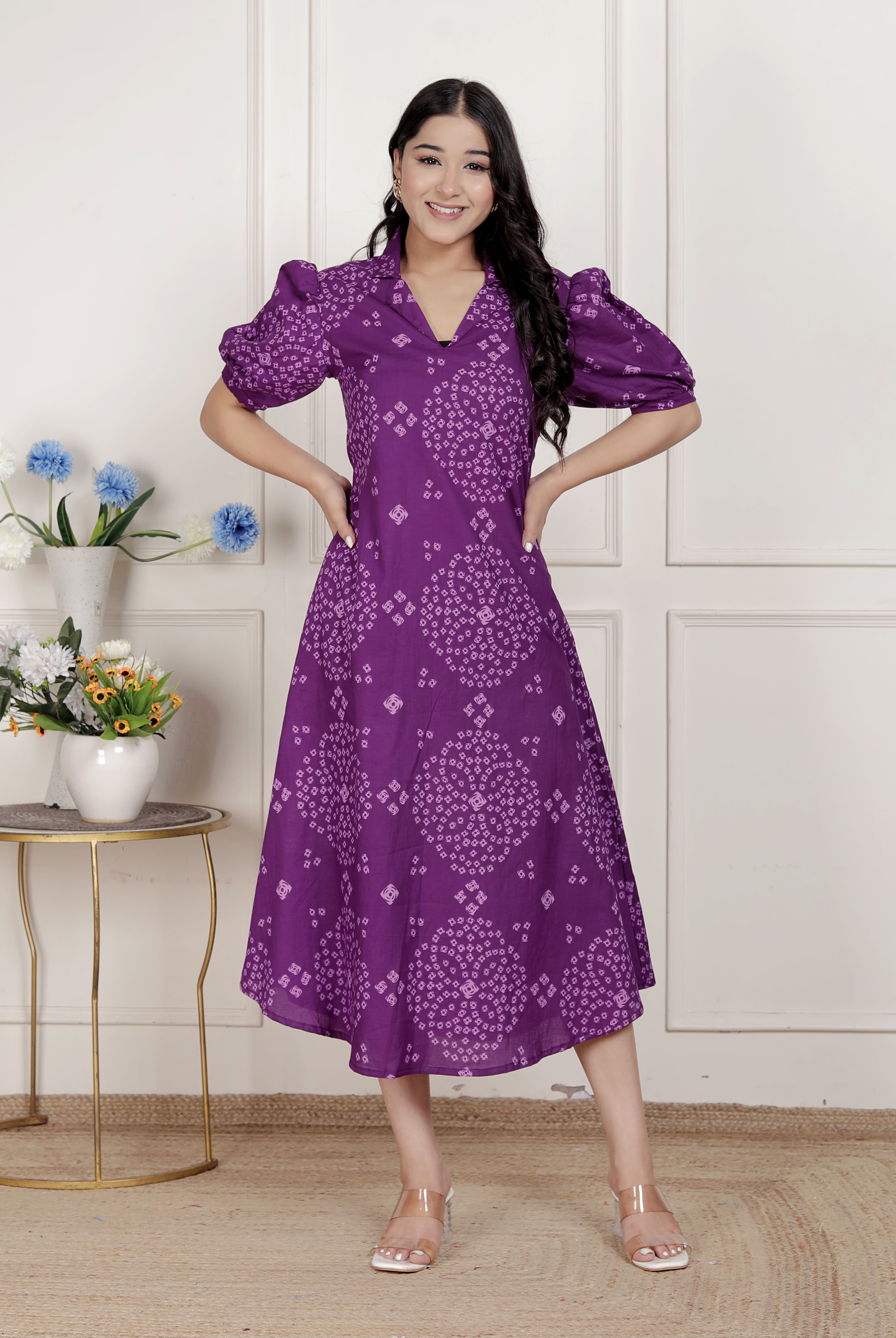 Purple Bandhani Printed Cotton A-Line Maxi Dress – Vacation Wear