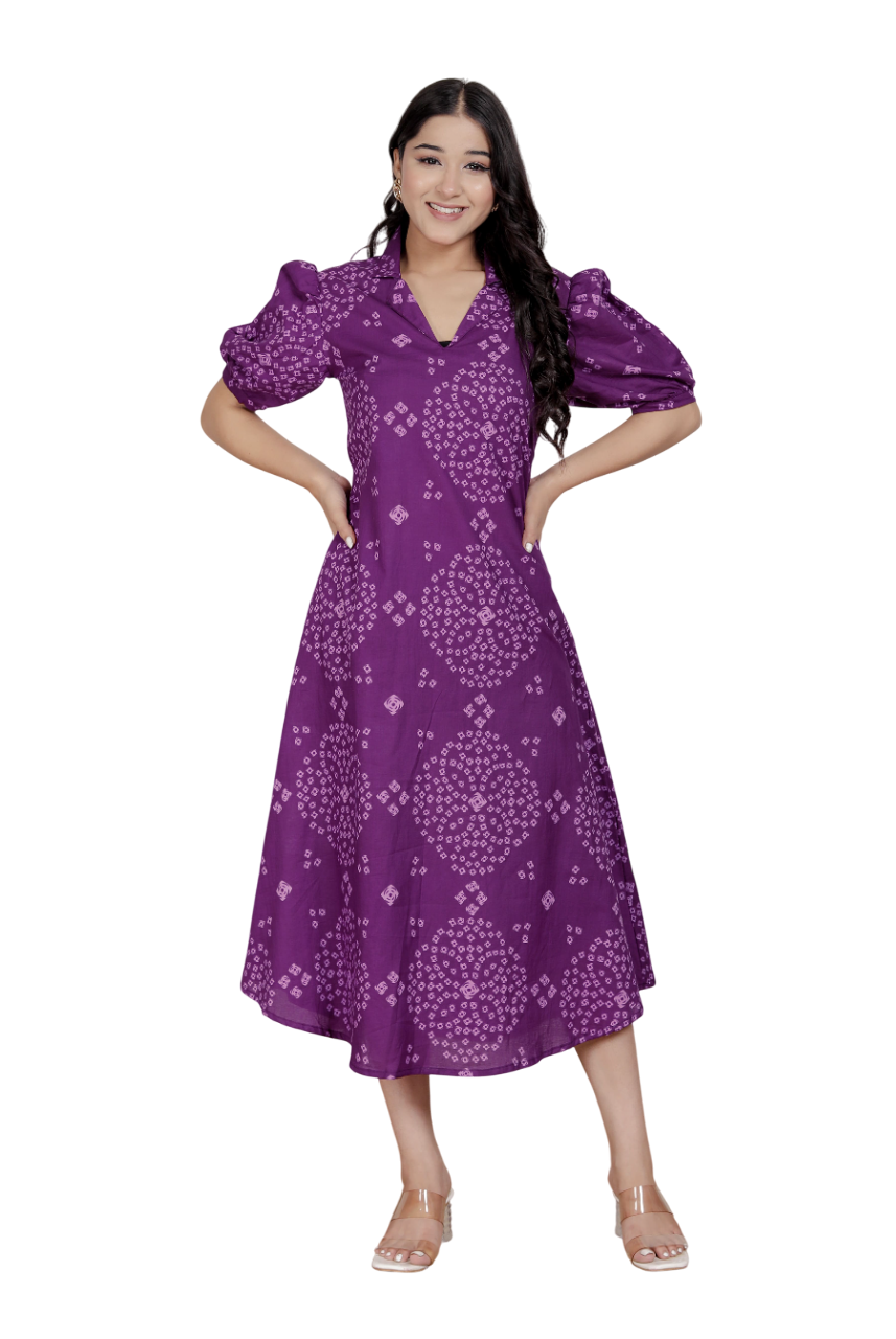 Purple Bandhani Printed Cotton A-Line Maxi Dress – Vacation Wear