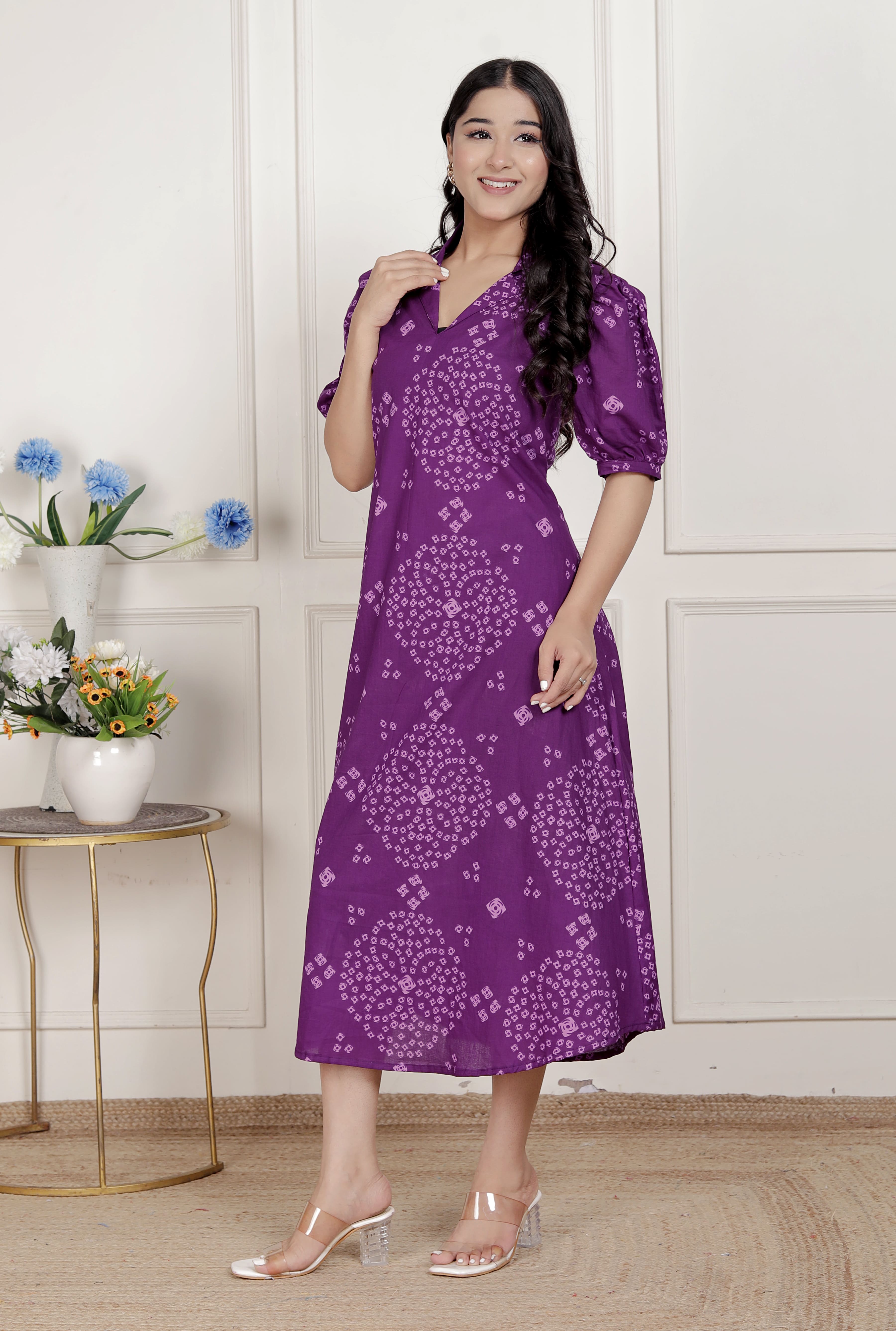 Purple Bandhani Printed Cotton A-Line Maxi Dress – Vacation Wear