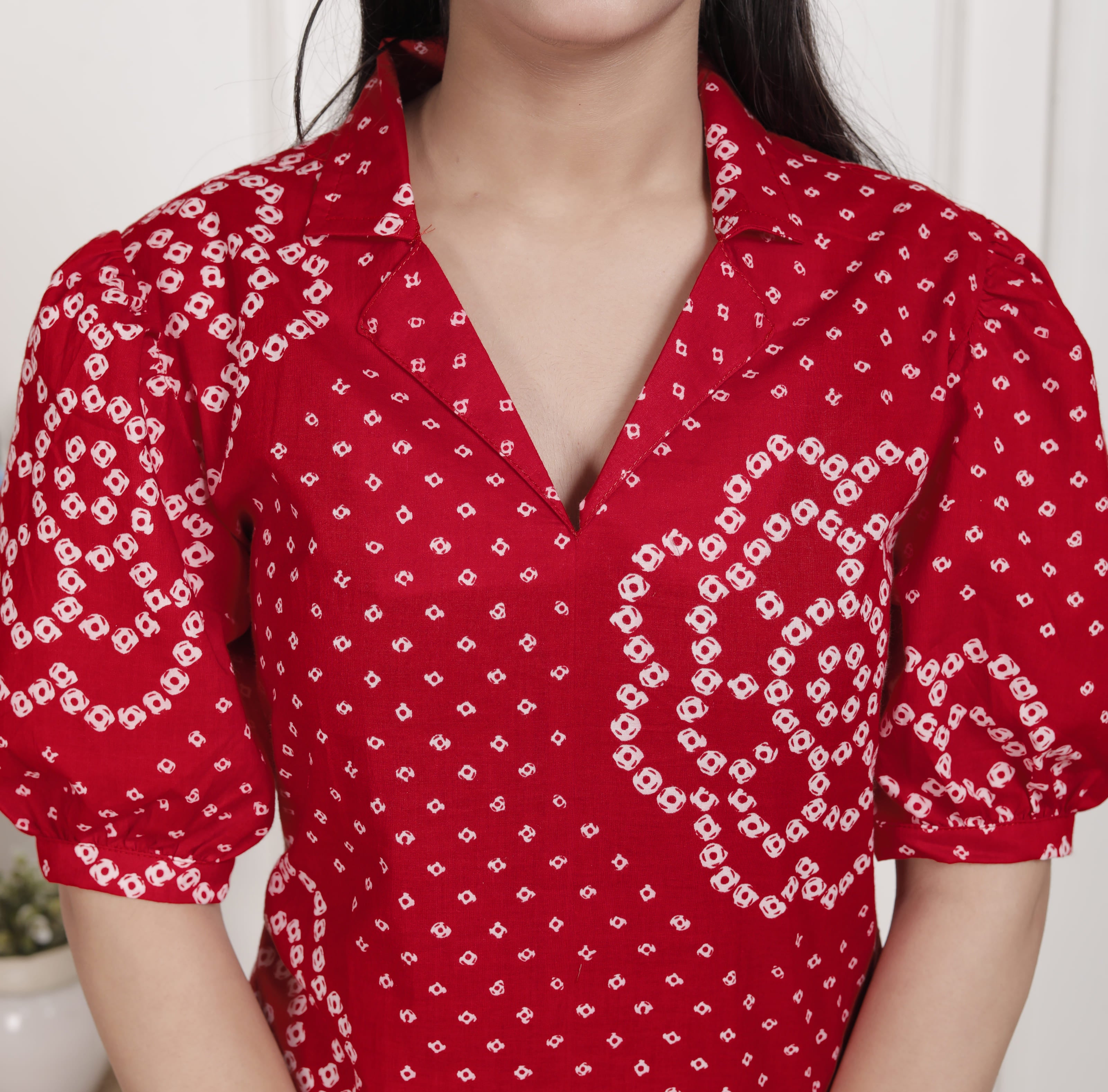 Red Bandhani Printed Cotton Maxi Dress with Collar Neck – Vacation Wear