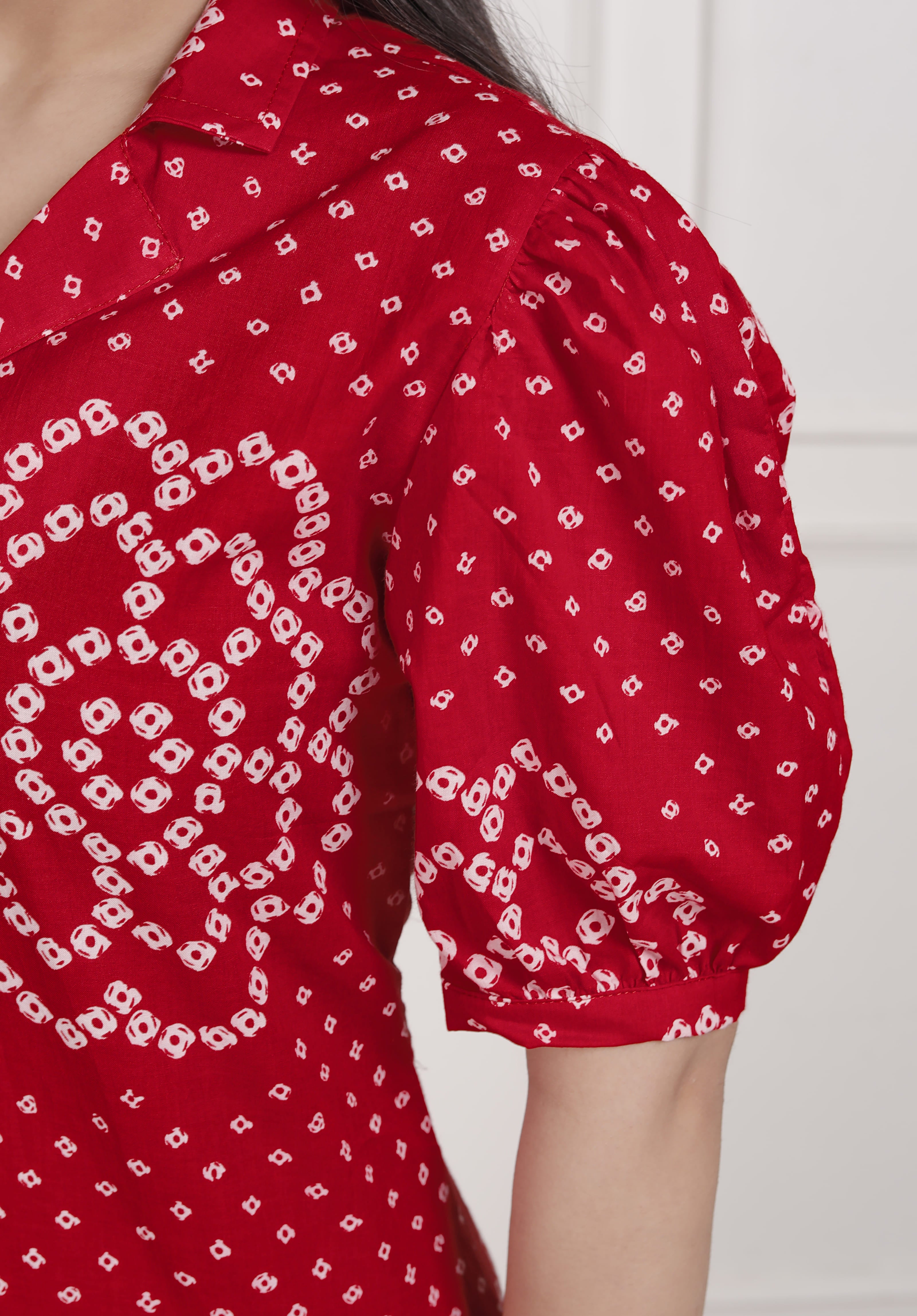 Red Bandhani Printed Cotton Maxi Dress with Collar Neck – Vacation Wear