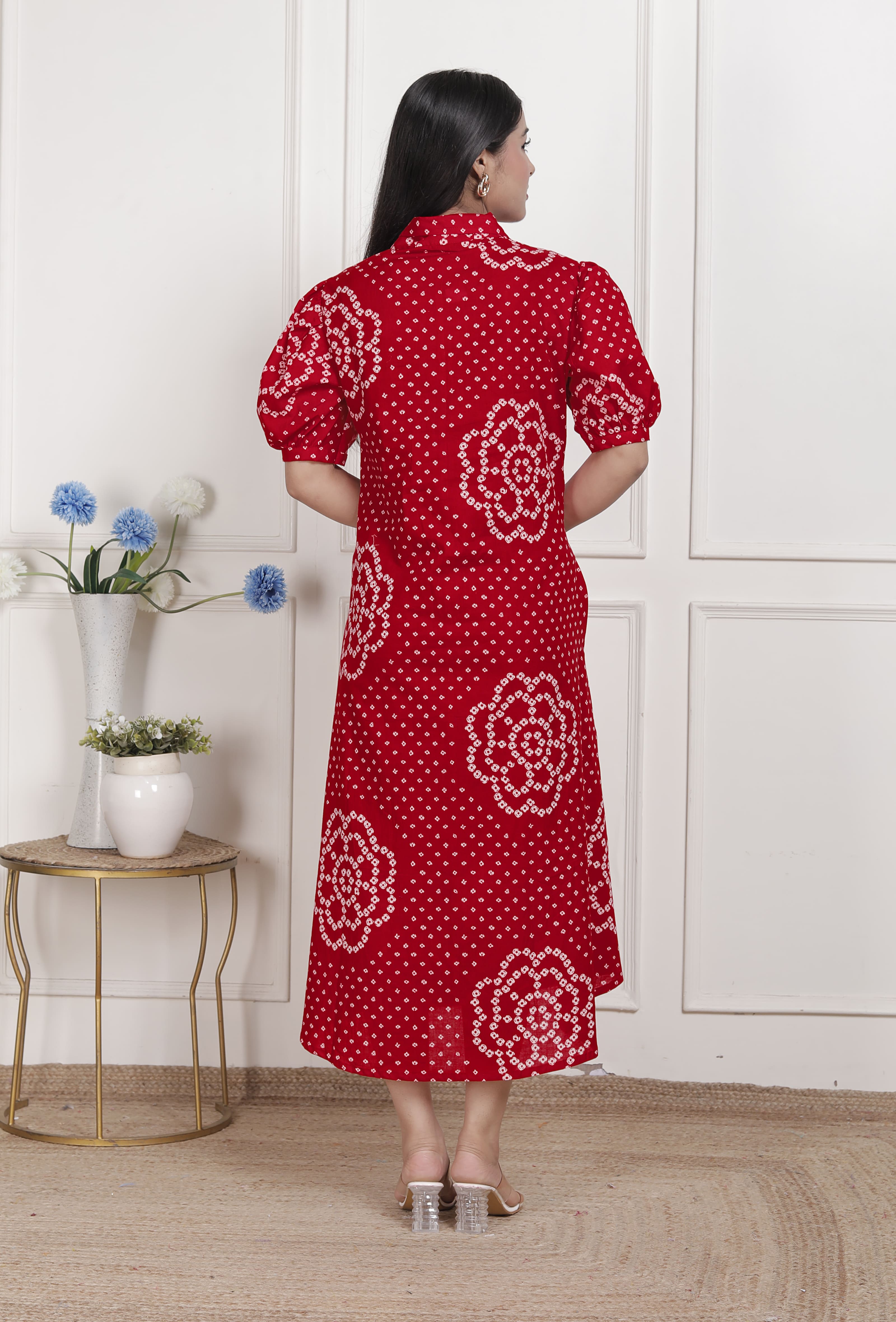 Red Bandhani Printed Cotton Maxi Dress with Collar Neck – Vacation Wear