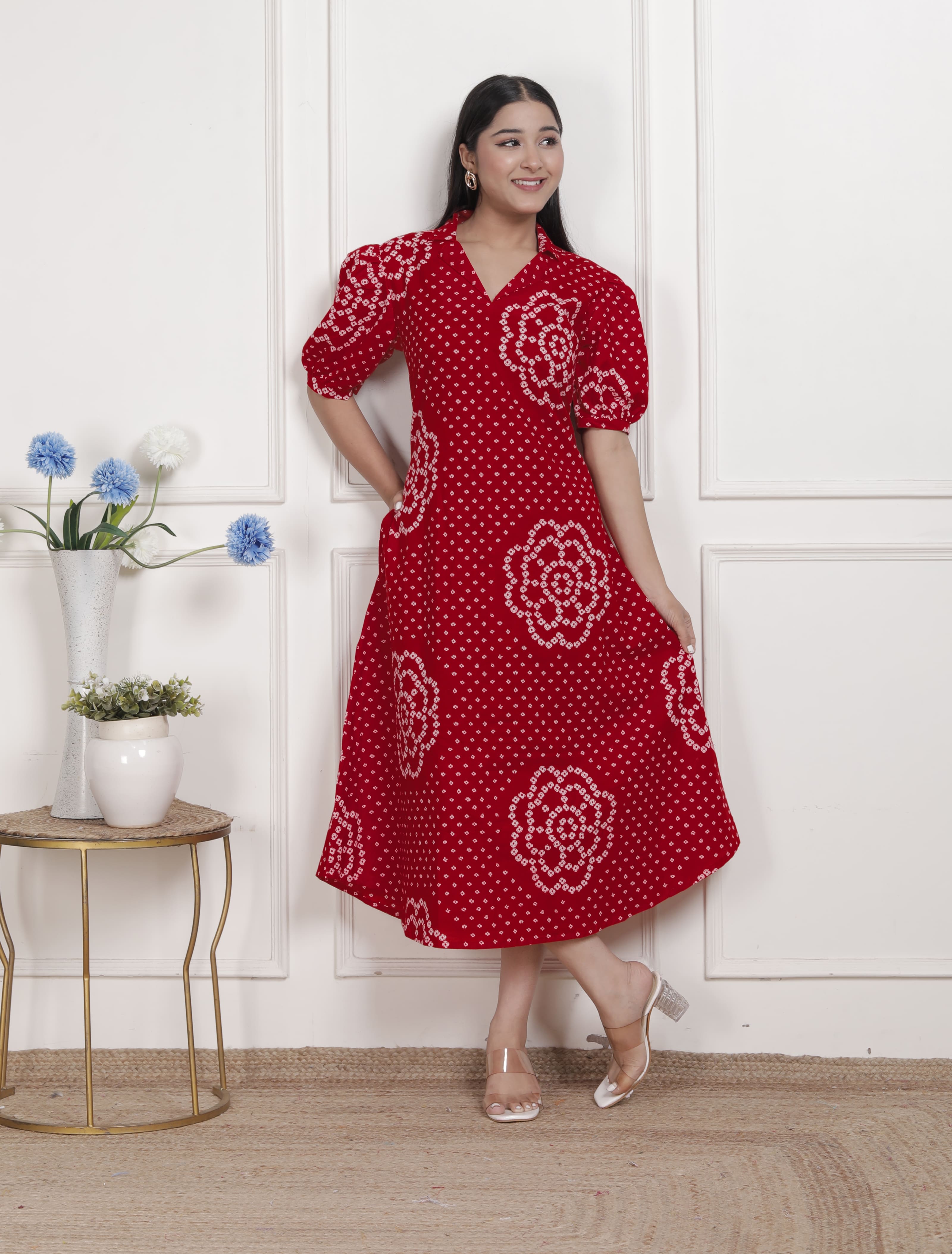 Womens Red Bandhani Printed Collar Neck  Maxi Dress