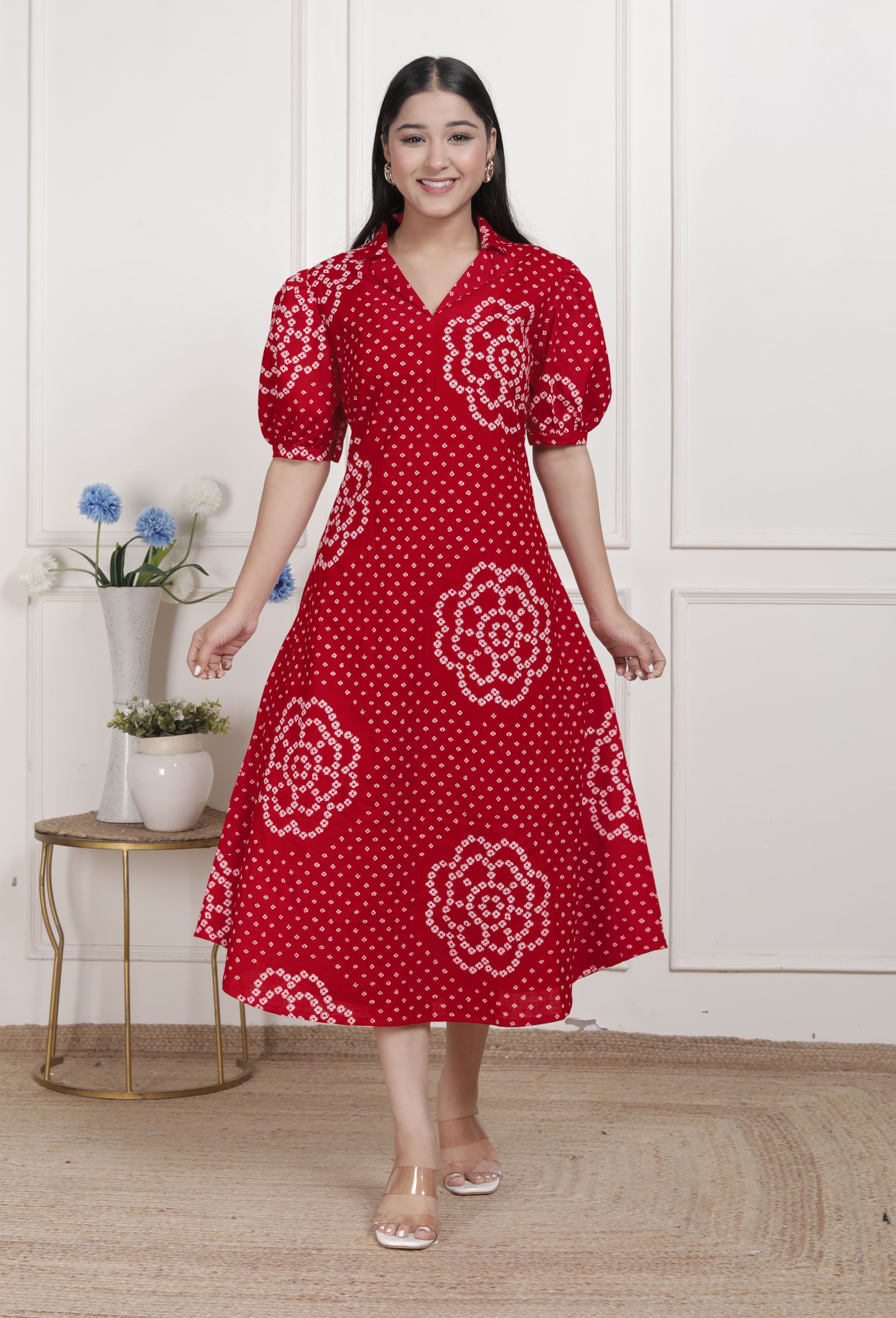 Red Bandhani Printed Cotton Maxi Dress with Collar Neck – Vacation Wear