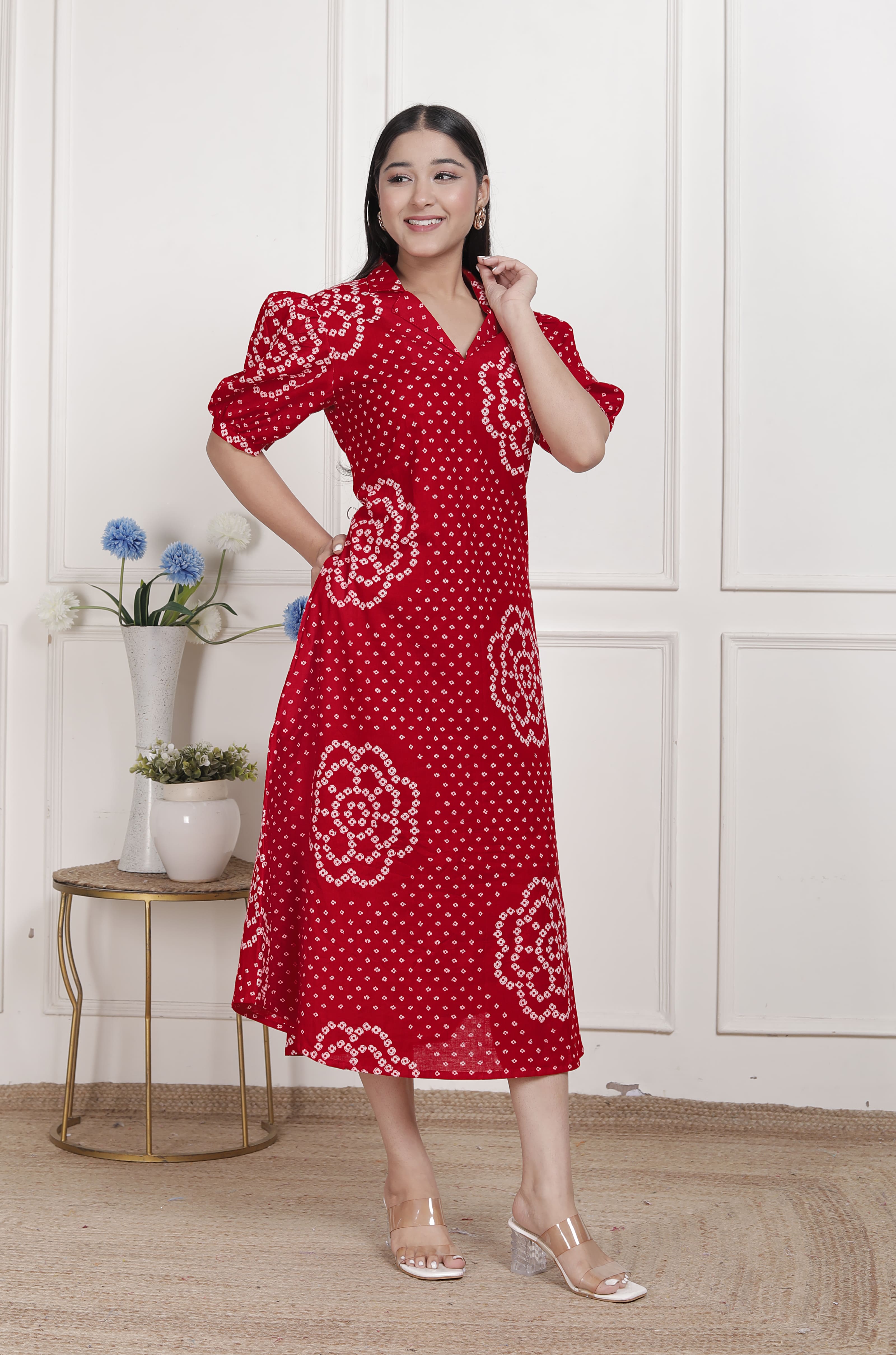 Red Bandhani Printed Cotton Maxi Dress with Collar Neck – Vacation Wear