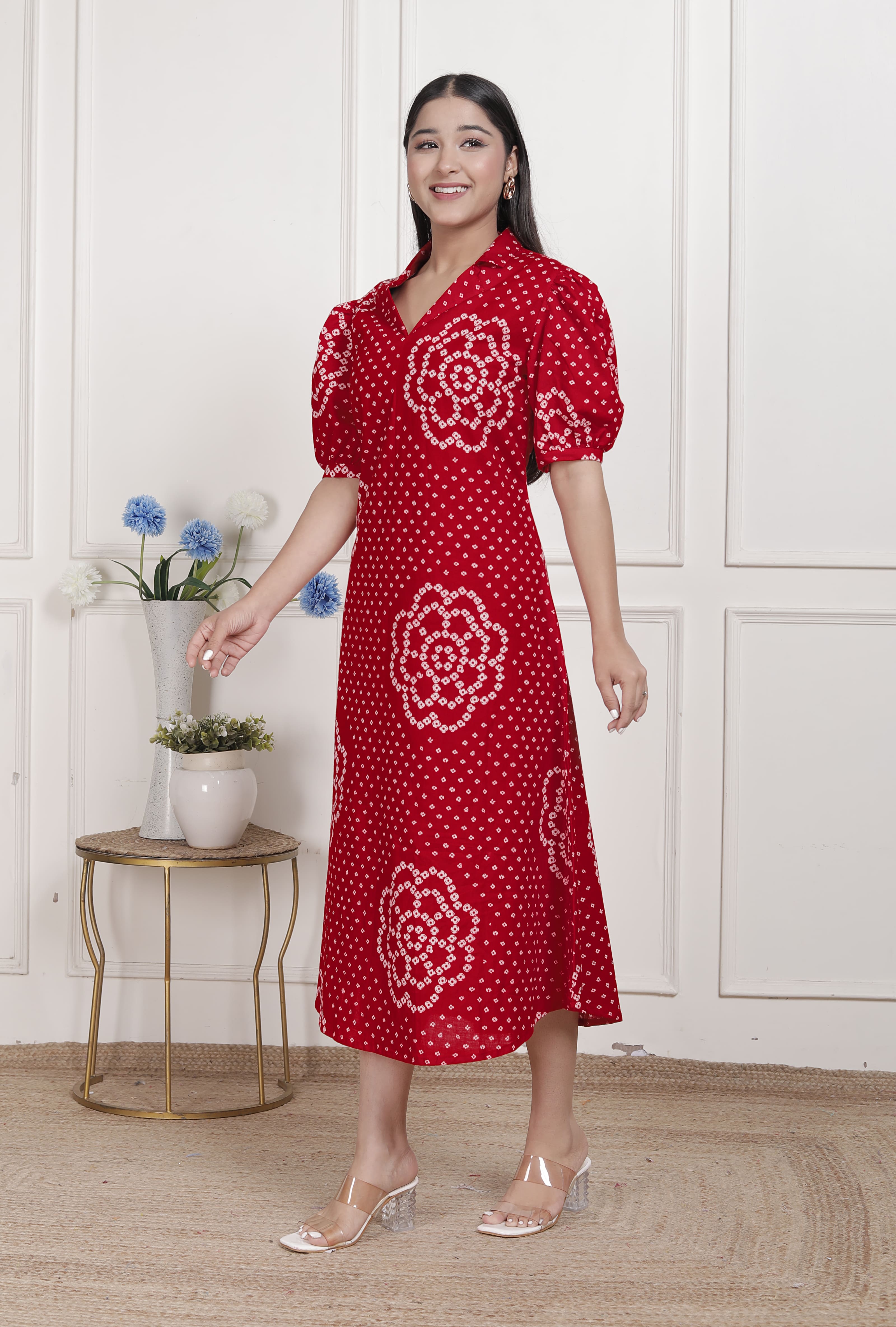 Red Bandhani Printed Cotton Maxi Dress with Collar Neck – Vacation Wear