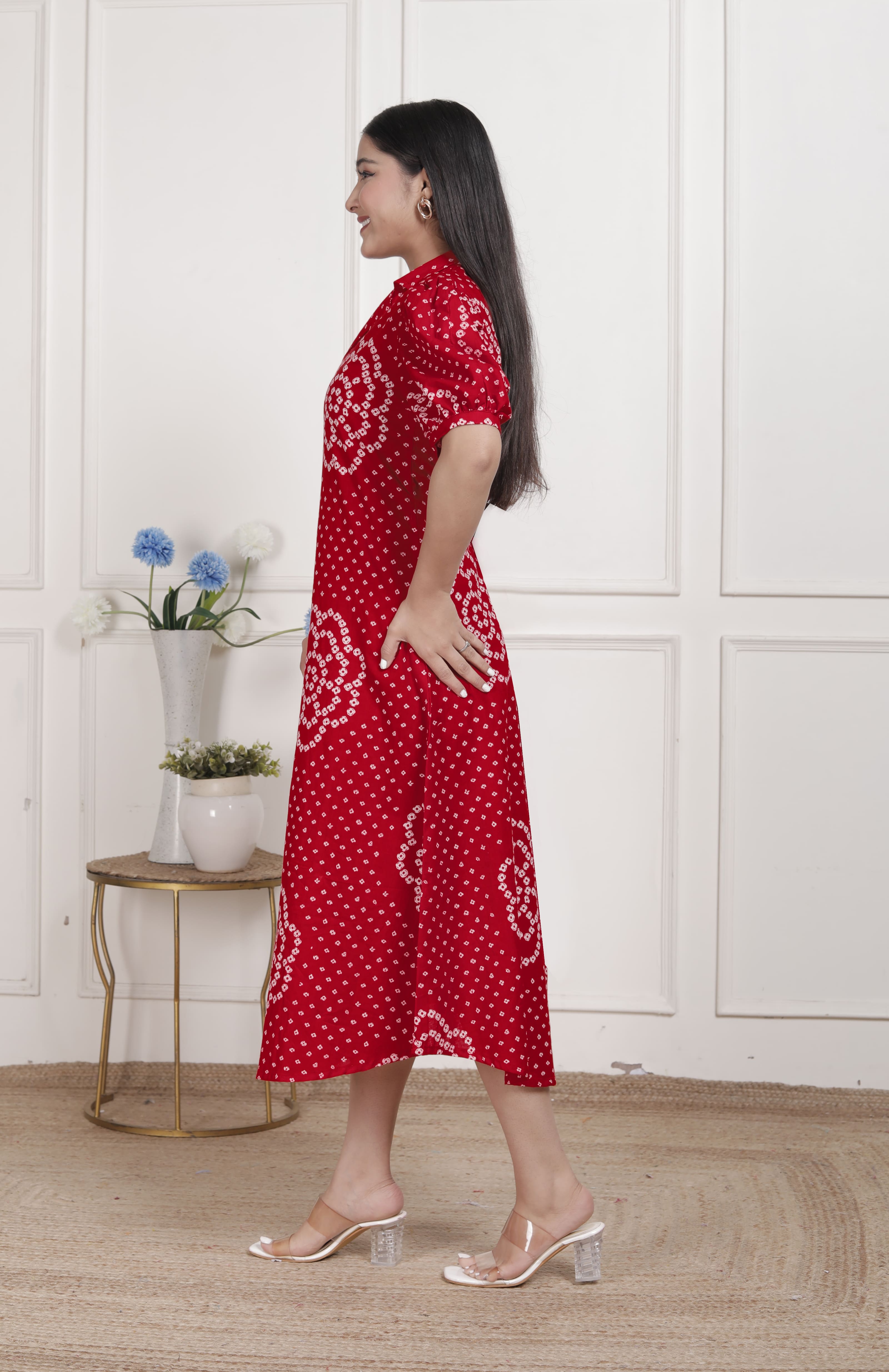 Red Bandhani Printed Cotton Maxi Dress with Collar Neck – Vacation Wear