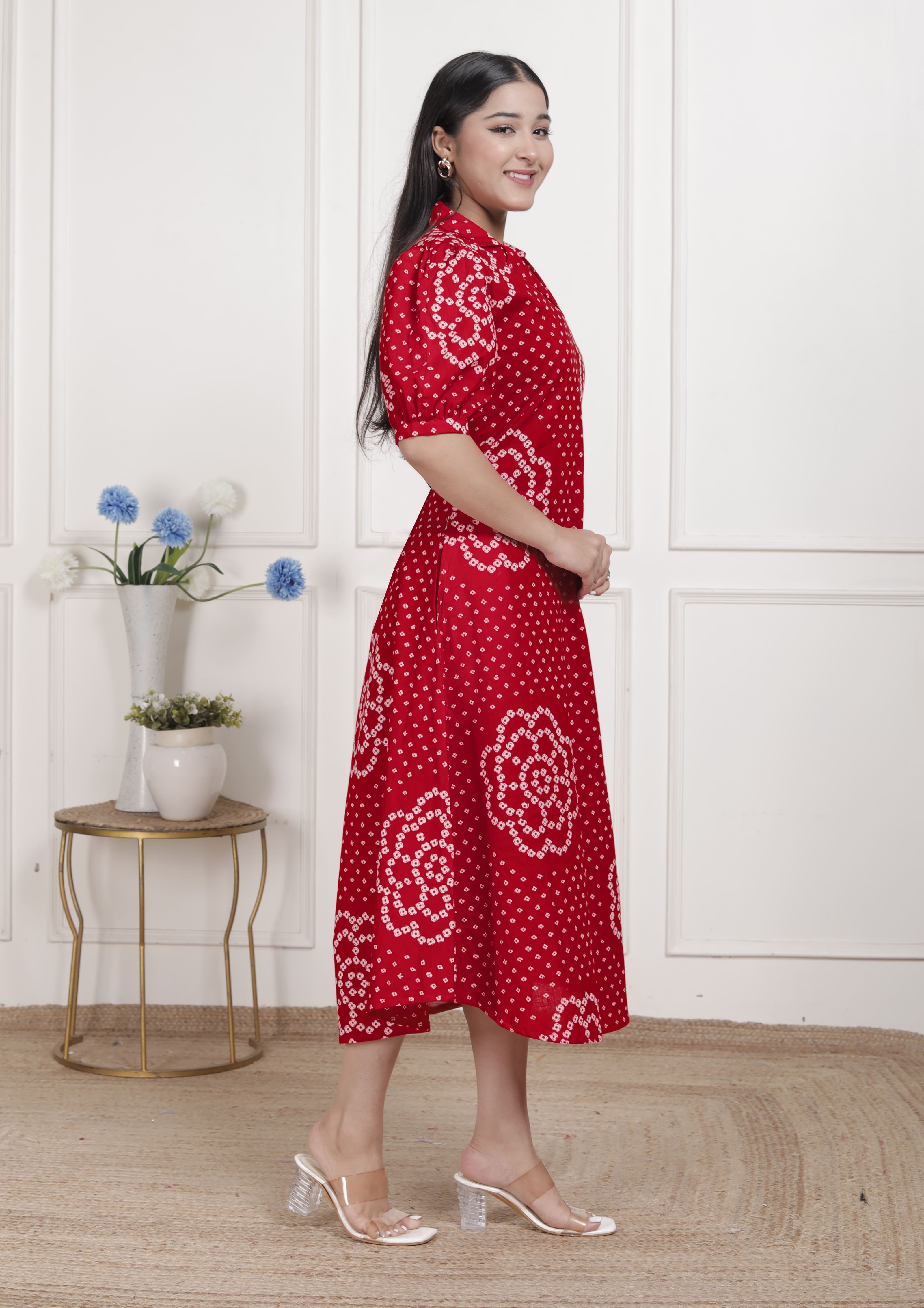 Red Bandhani Printed Cotton Maxi Dress with Collar Neck – Vacation Wear